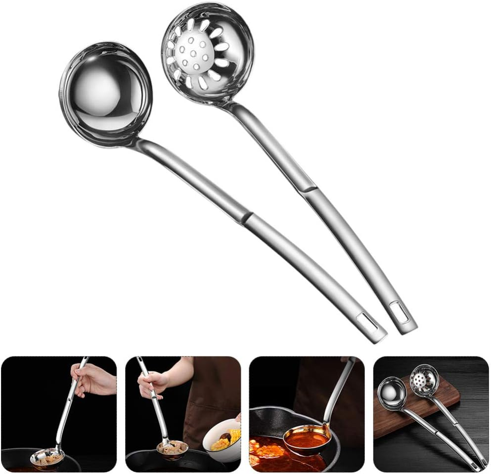 Cabilock 2Pcs Stainless Steel Handle Soup Scoop and Slotted Spoon Ergonomic Kitchen Utensils for Cooking and Serving Easy to Clean Prevents Spills Convenient Storage Hook image number 2