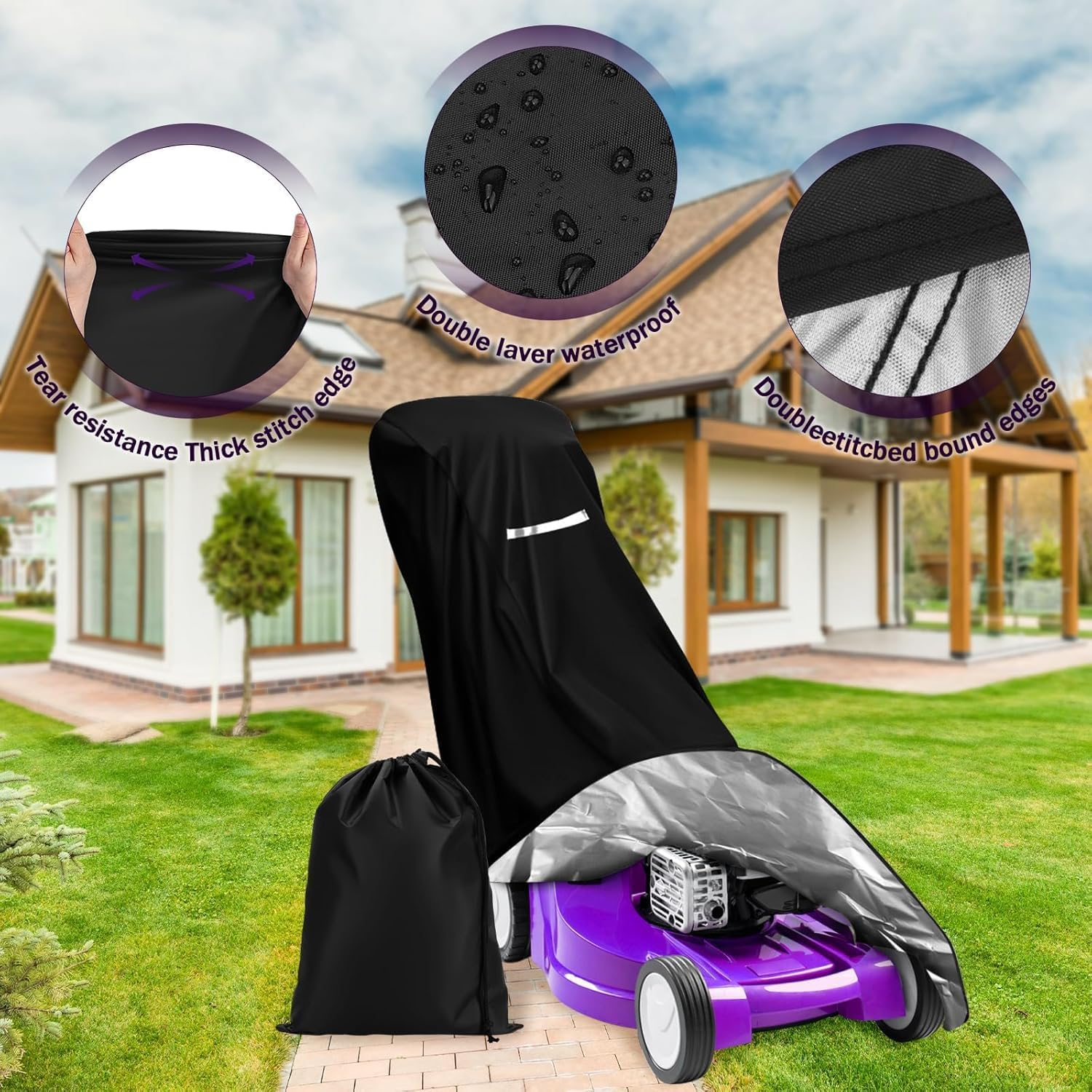 Heavy Duty 210D Polyester Oxford Push Lawn Mower Cover, 193*112*64Cm, Waterproof, UV Protection, Purple, Universal Fit with Drawstring & Storage Bag image number 5