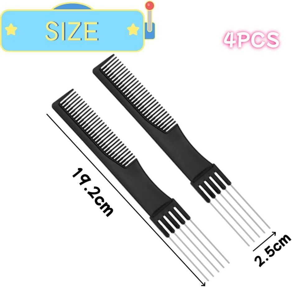 Carbon Lift Teasing Combs with Metal Prong,4Pcs Hair Styling Comb Lift Teasing Comb Salon Teasing Back Combs with Stainless Steel Lift,Carbon Lift Teasing Combs with Metal Prong(Black) image number 4