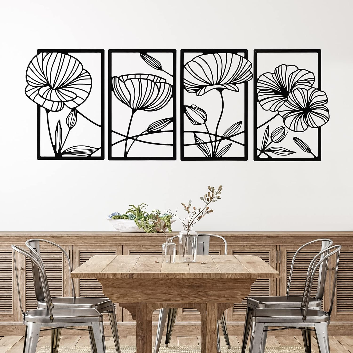 Cunno 4PCS Metal Line Art Wall Decor Living Room Metal Flower Minimalist Sculpture Modern Aesthetic Poppy Floral Minimalist Wall Hanging Bedroom Home Kitchen Bathroom 16.5X11.9'' (Black) DAY-234 image number 3
