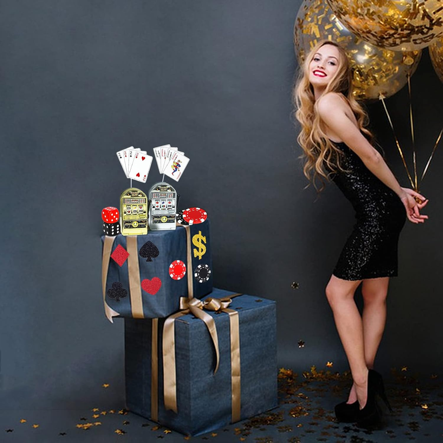 Morofme 21 PCS Casino Cake Decorations with Slot Machine Toy Cake Toppers Poker Cupcake Topper Casino Happy Birthday Cake Topper Poker Chips Dices Dollar Sign Las Vegas Themed Birthday Party Supplies image number 1