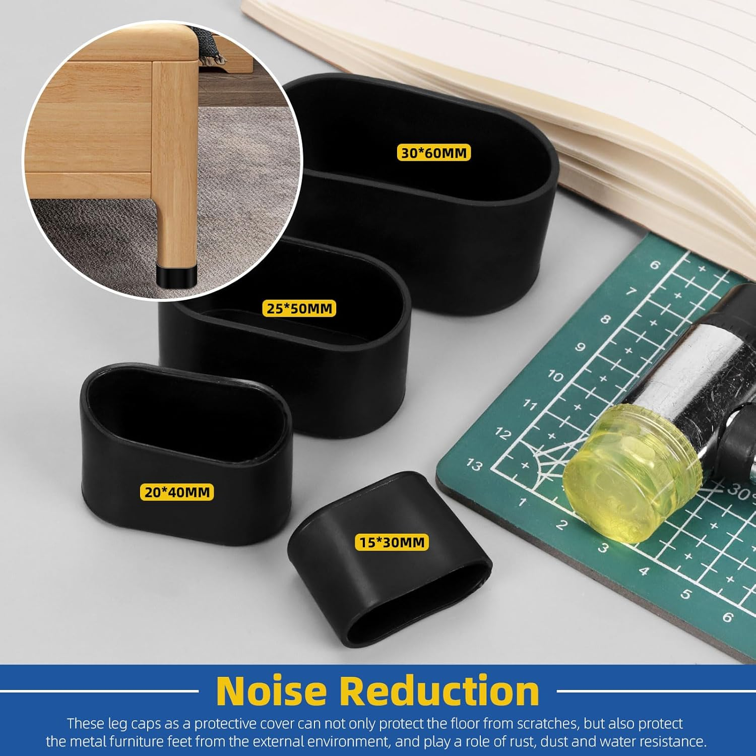 Glarks 10Pcs 30 X 60Mm Oval Chair Leg Caps, Black PVC Furniture Pad Table Feet Covers, Oval Chair Leg Covers to Protect Wood Tile Floors Felt Pads Furniture Leg Caps Reduce Noise image number 4