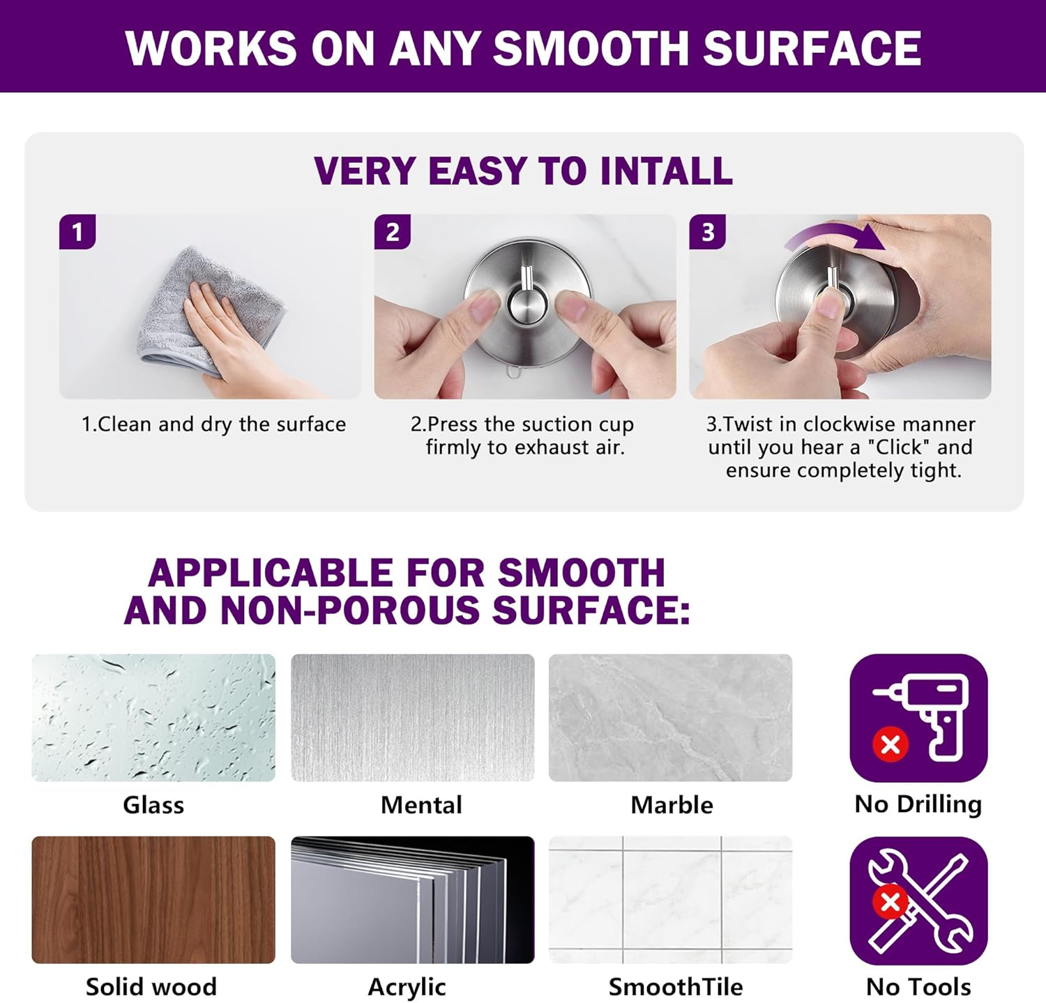 JOMOLA Suction Shower Hooks, No-Drill Bath & Spa Accessory, Brushed Steel Waterproof Wall Mount for Towels, Robes - Rustproof Strong Hold for Caravan, Gym, Home (2-Pack) image number 6