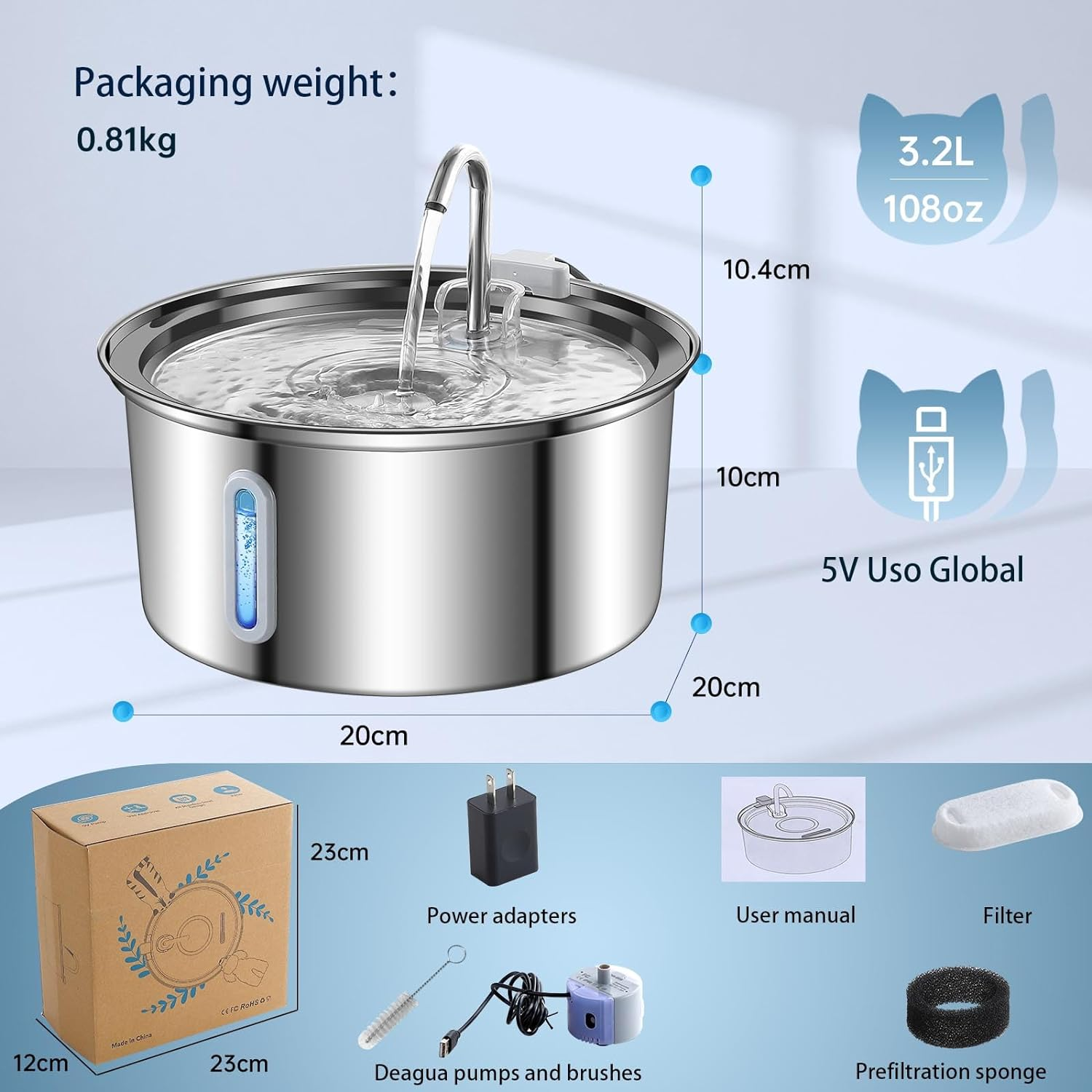 Ofat Home Cat Fountain - Stainless Steel, 108Oz/3.2L Cat Fountain with Water Level Window, Multi-Filter, Silent Pump, Easy to Clean, Provides Flowing Water image number 5