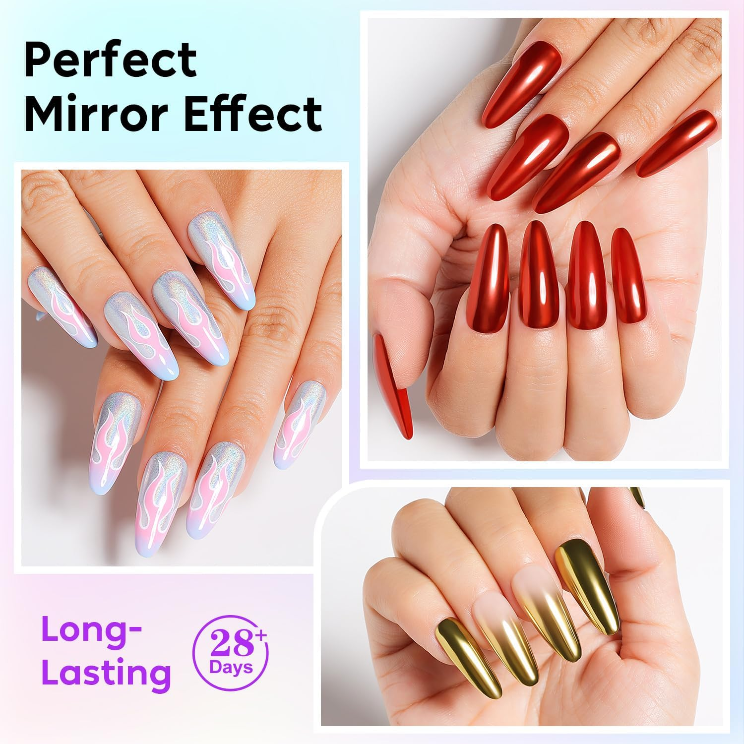 AIMEILI Hema Free, Cruelty-Free, Vegan,6 Boxes Nail Art Manicure Powder Set, 1 * 5G Holographic, 1 * 5G Chameleon Chrome, 4 * 5G Mirror Effect Nail Powder image number 5