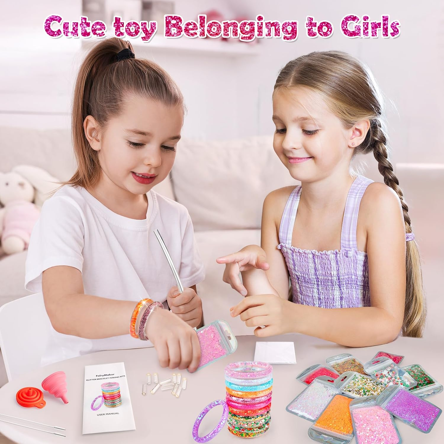 Fairymaker Glitter Bracelet Making Kit for Girls, DIY Arts and Crafts Kit with 12 Bracelets, 8 Glitter Colours, 4 Gemstone Types, Laser Sparkle Shapes for Kids&rsquo; Birthday, Children Gifts for Ages 6-12 (Christmas) image number 1