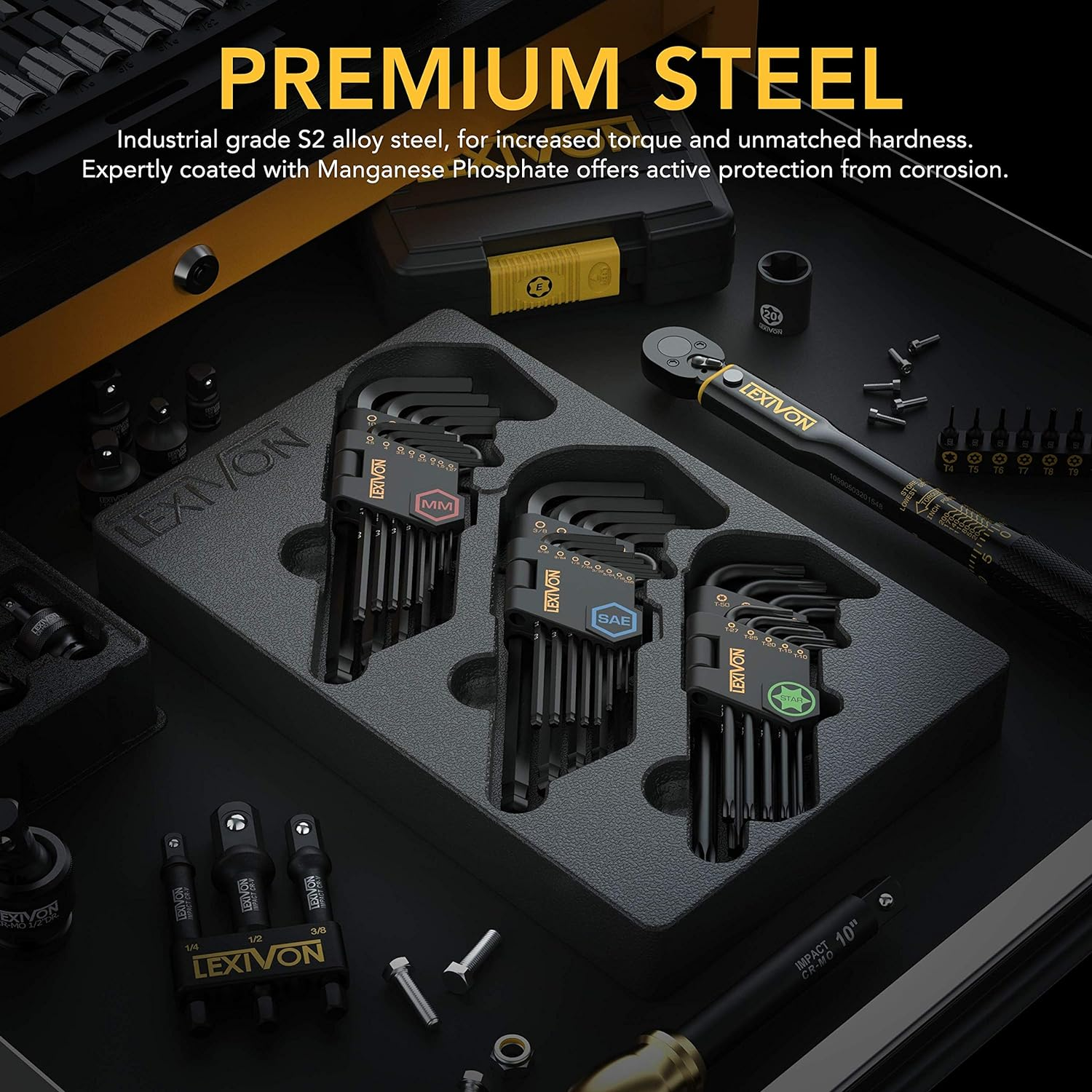 LEXIVON Master Wrench Key Set, 35-Piece Long Arm Ball End Hex Keys | 3-Pack Metric/Sae & Star, Industrial Grade S2 Alloy Steel (LX-131) image number 2