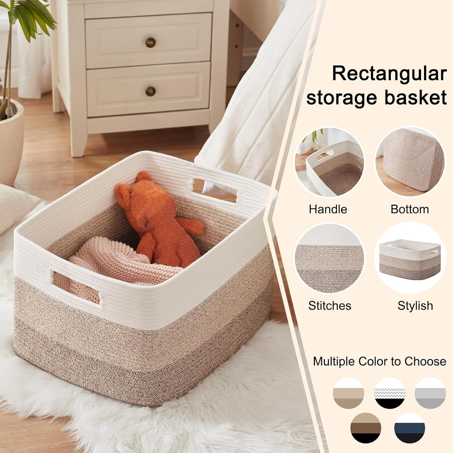 3 Pack Storage Basket, Cotton Rope Woven Basket with Handles for Shelf, Pet Toy, Book, Cloth Storage, Storage Organizer for Living Room, Bathroom (Gradient Beige, XL) image number 1
