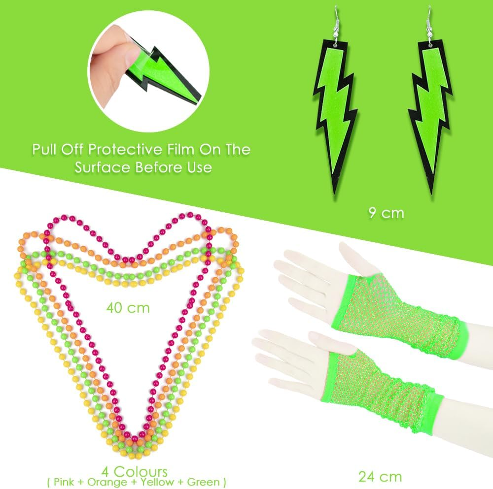 AUTOWT 80S Costumes for Women, 6 Packs 80S Accessories Set with Fishnet Gloves Earrings Necklaces Leg Warmers, Tutu Skirts for 1980S Theme Party Outfits - Black image number 3