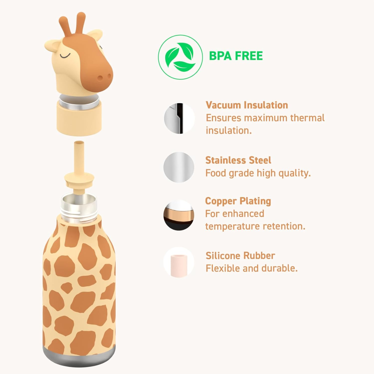 Asobu Bestie Giraffe Double Wall Insulated Water Bottle, Brown, 460 Ml Capacity image number 3