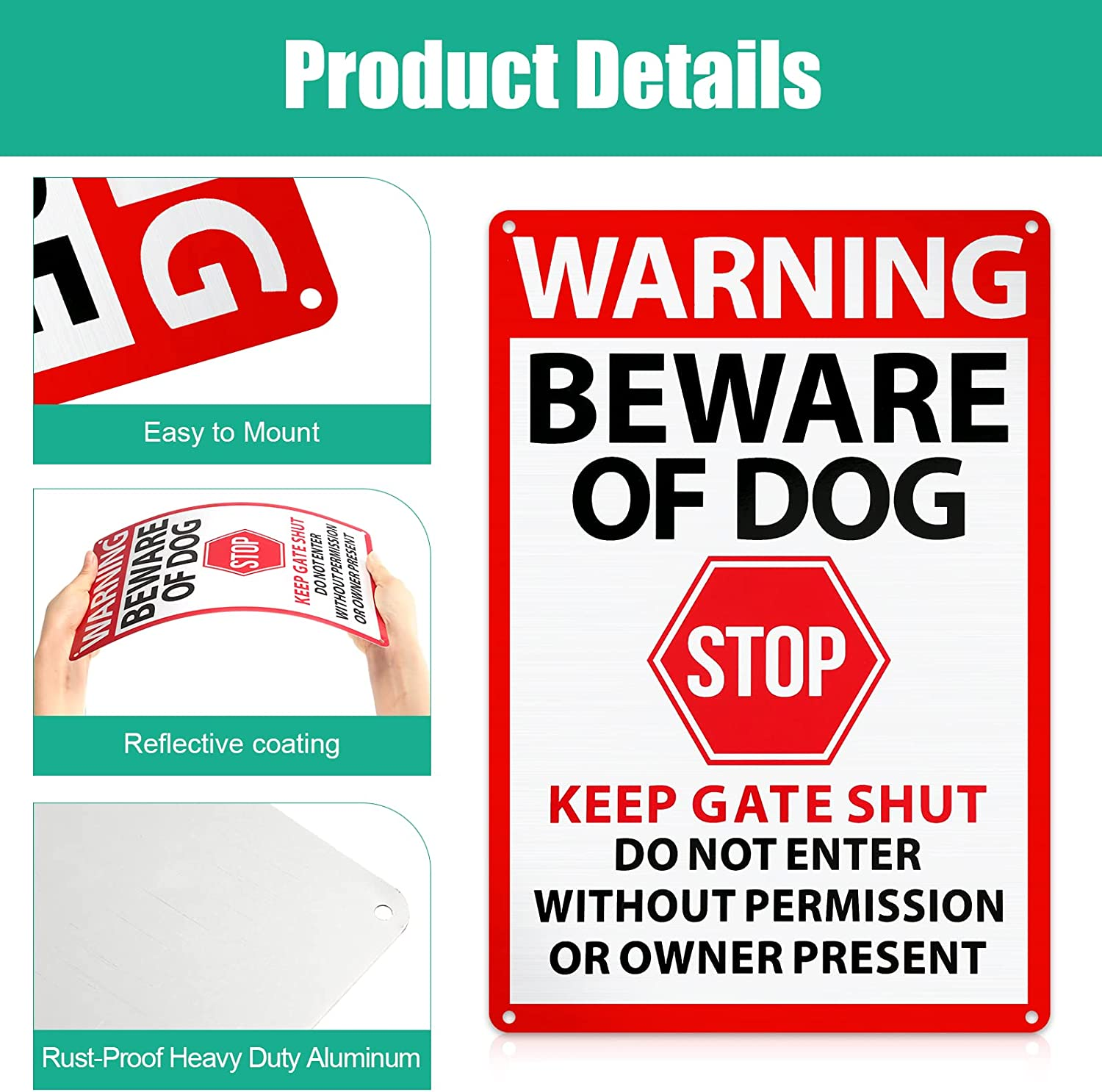 Blulu 4 Pcs Warning Beware of Dog Sign 10 X 7 Inch Do Not Enter Metal Signs No Trespassing Dog Sign Stop Keep Gate Closed for Fence Door Gate Outdoor Home Kitchen Farm Garden Garage Wall Decor image number 2