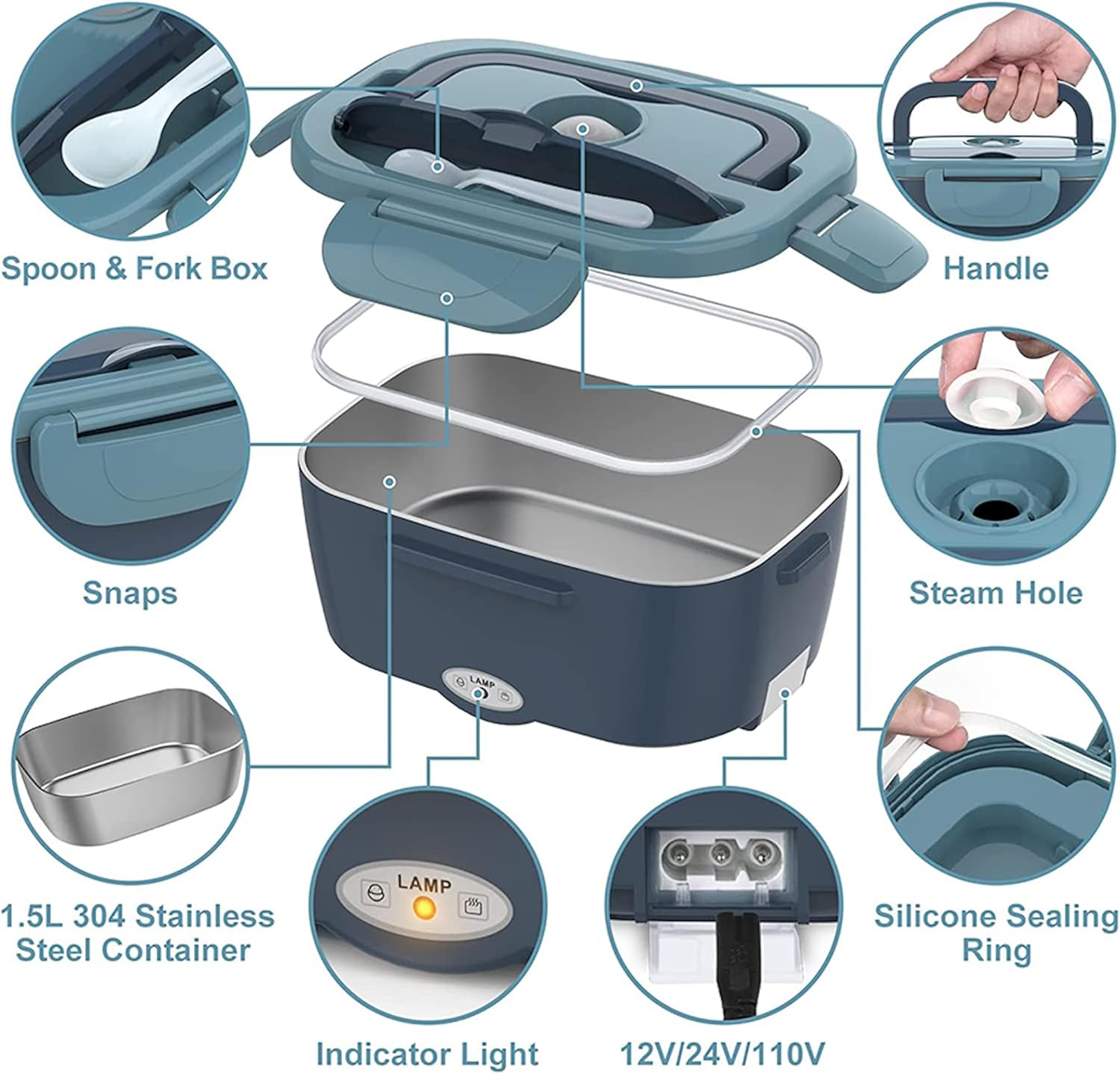 Electric Lunch Box 80W Food Heater for Adults, 240V Portable Lunch Warmer for Car/Truck/Office, Includes SS Fork & Spoon, Insulated Carry Bag