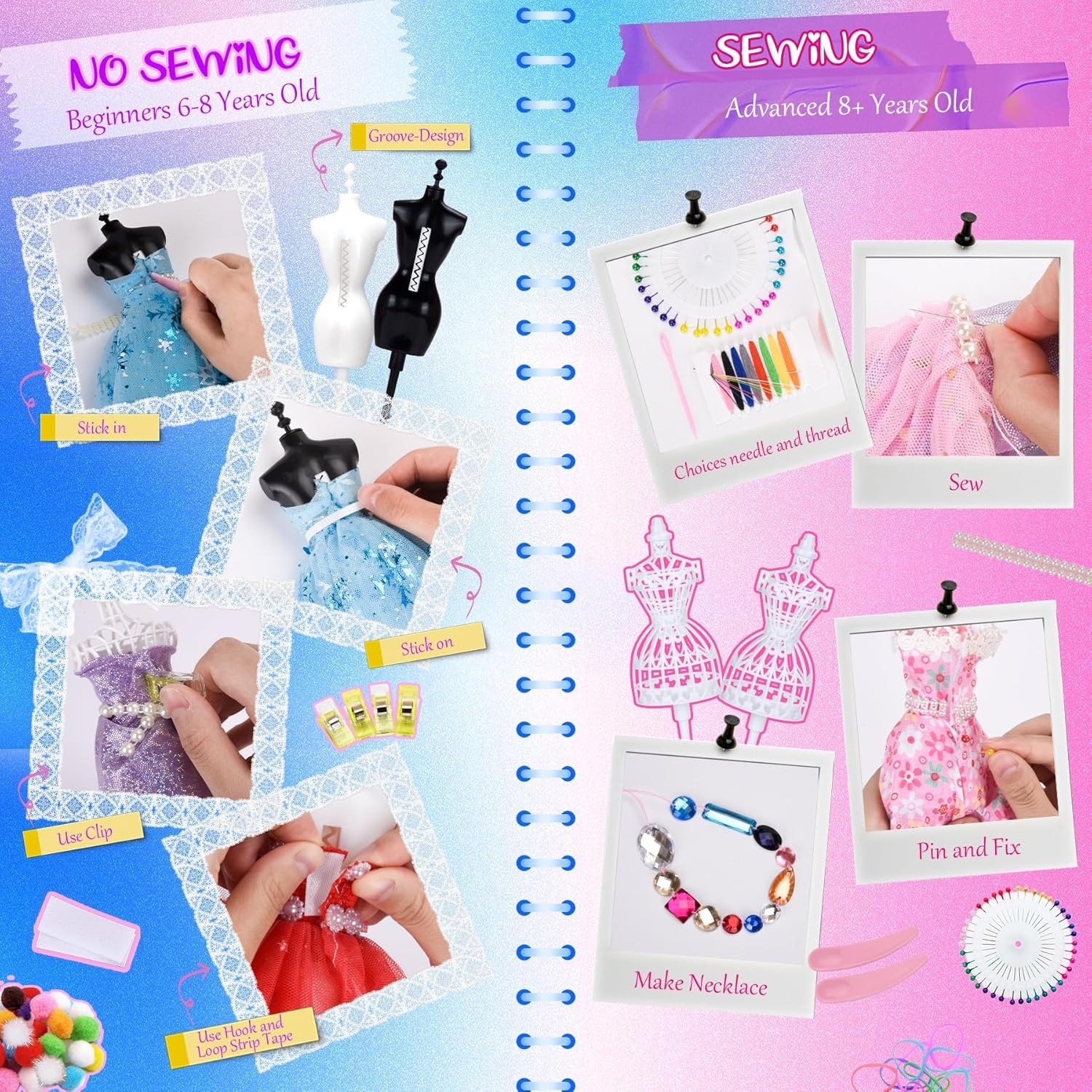 500+Pcs Fashion Designer Kit for Girls, Sewing Kit Arts and Crafts Set for Kids Ages 6-12 with 4 Mannequins & Instruction DIY Doll Clothes Making Learn to Sew Toys for Girls Birthday Gift image number 3