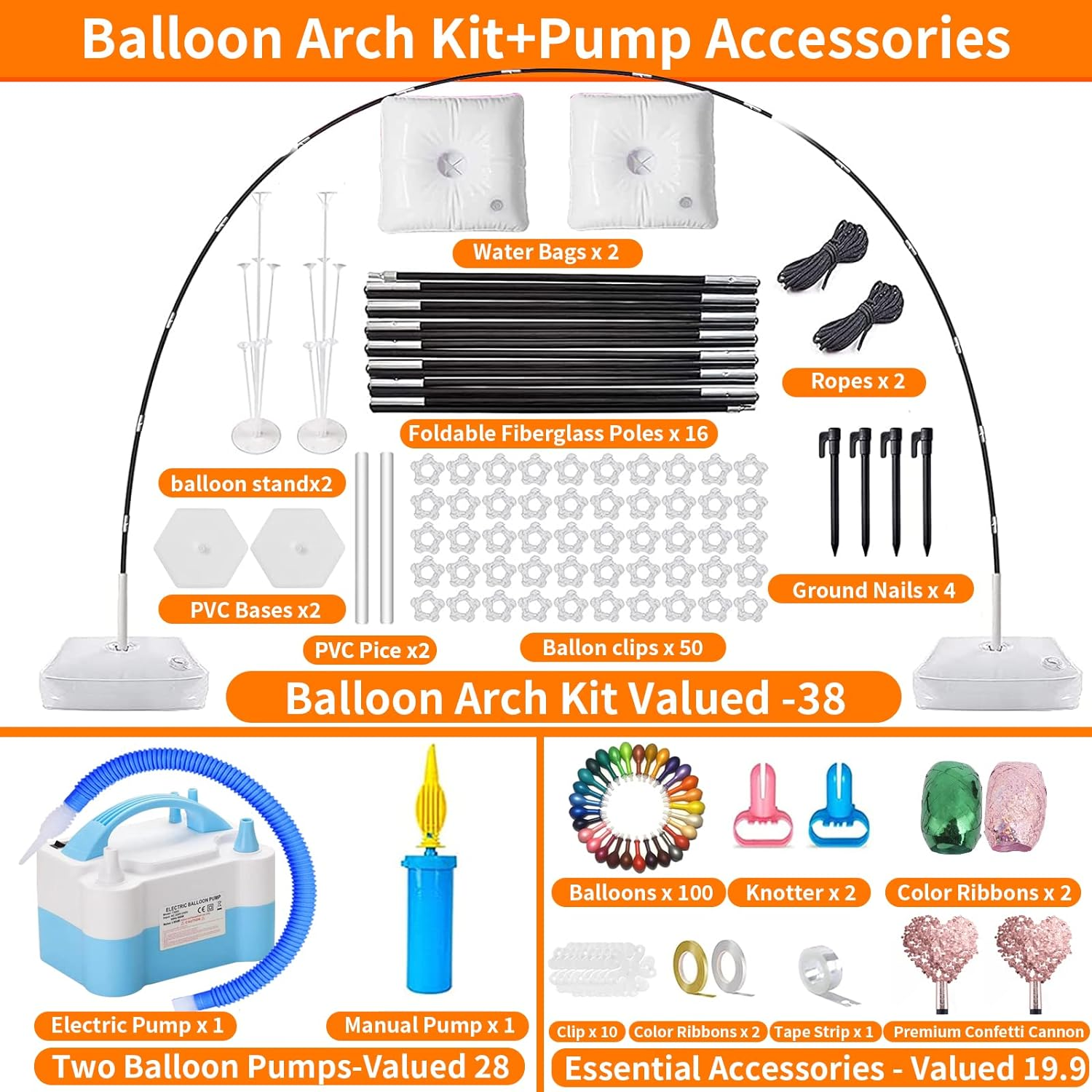 Balloon Arch Kit and Balloon Pump, 2 PCS Table Stand, 10Ft Wide Adjustable Balloon Arch Stand with 100 Pcs Metal Balloons for Wedding Baby Shower Graduation Birthday Party Supplies Decoration