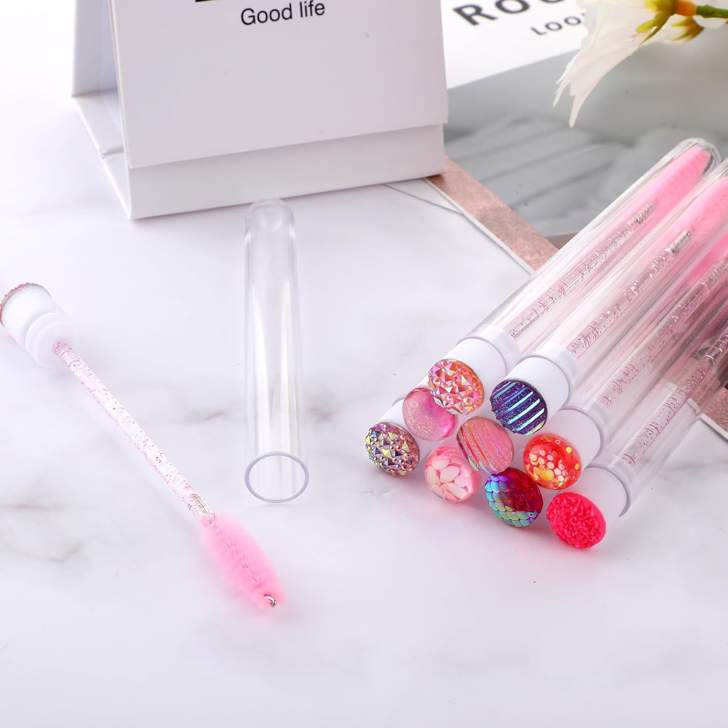 Disposable Mascara Wands Tube Set 10Pcs Shiny Diamond Lash Brush Eyelash Spoolies with Tube Mascara Wands Makeup Tool for Eyelash Extensions(Pink) image number 5