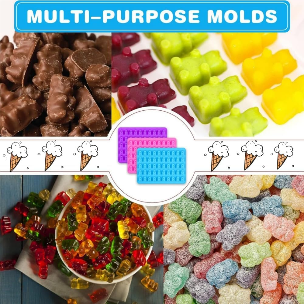 Gummy Bear Candy Molds Silicone, 4 Pack Gummy Molds with 2 Droppers, Chocolate Molds, Non-Stick Silicone Candy Molds Including Bear Shape and Mini Donut for Jelly (Blue,Purple,Green, Pink) image number 1