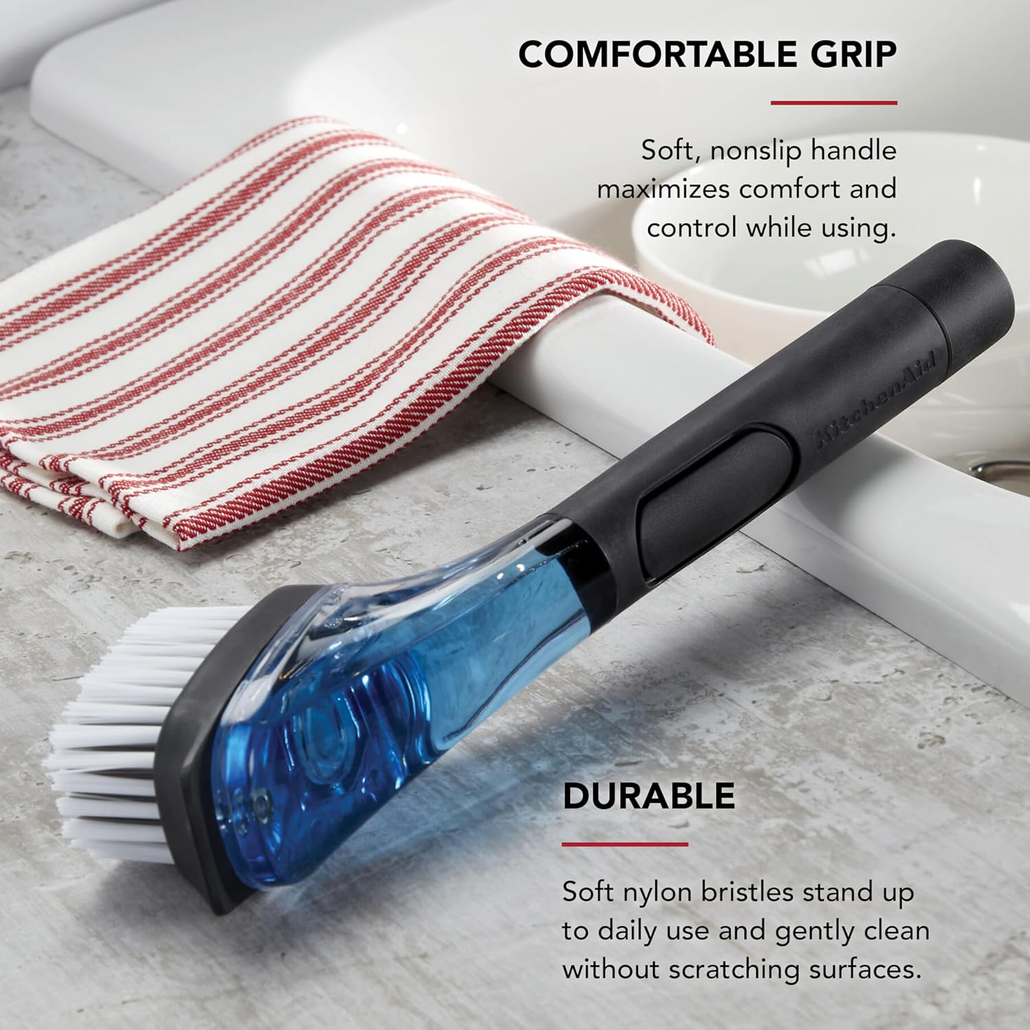 Kitchenaid Soap Dispensing Sink Brush with Easy to Fill Handle, Nylon Bristles for Tough Cleaning, Comfort Grip Handle for Non Slip Grip, Black image number 2