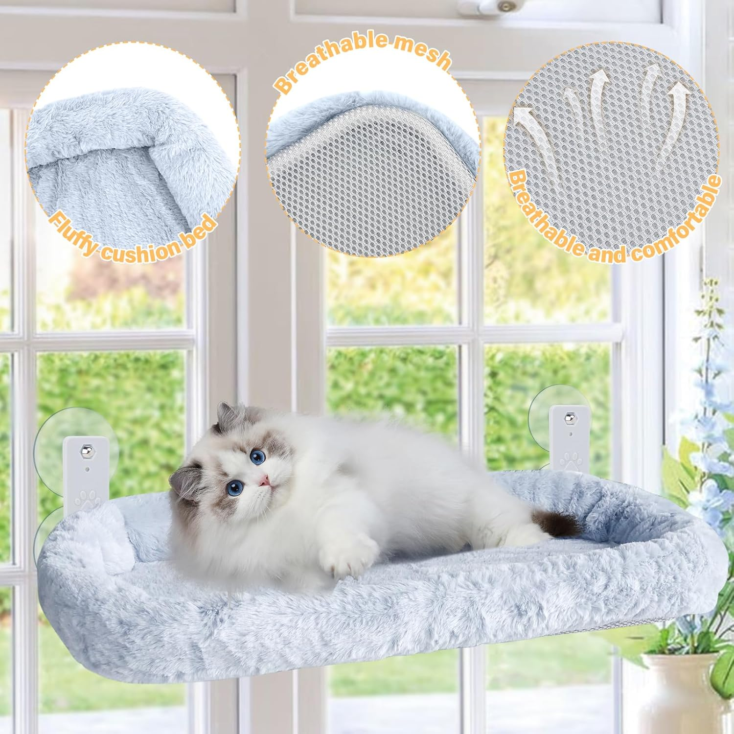 Cat Window Hammock Folding 52 * 30Cm, Cat Window Perch Upgrade Strong Suction Cup, Removable and Washable Dual-Purpose Cloth Pad,Weight Capacity 40Lbs,Easy to Assemble,Grey image number 4