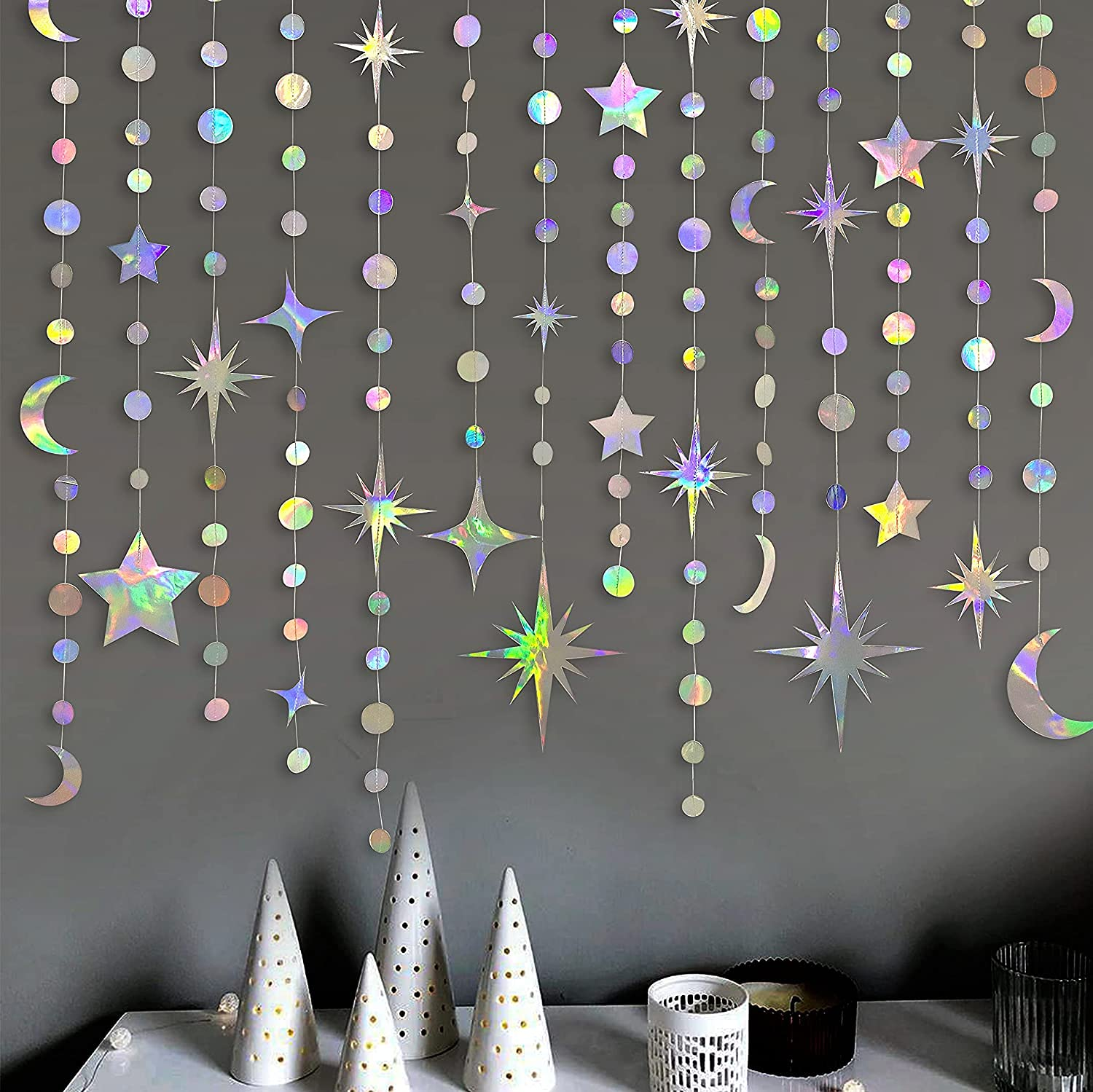 Iridescent Moon Star Polka Dot Garland Holographic Hanging Circle Dot Twinkle Star Streamer Bunting Banner for Birthday Baby Shower Wedding Bridal Shower Ramadan EID Mubarak Party Decorations Supplies image number 3