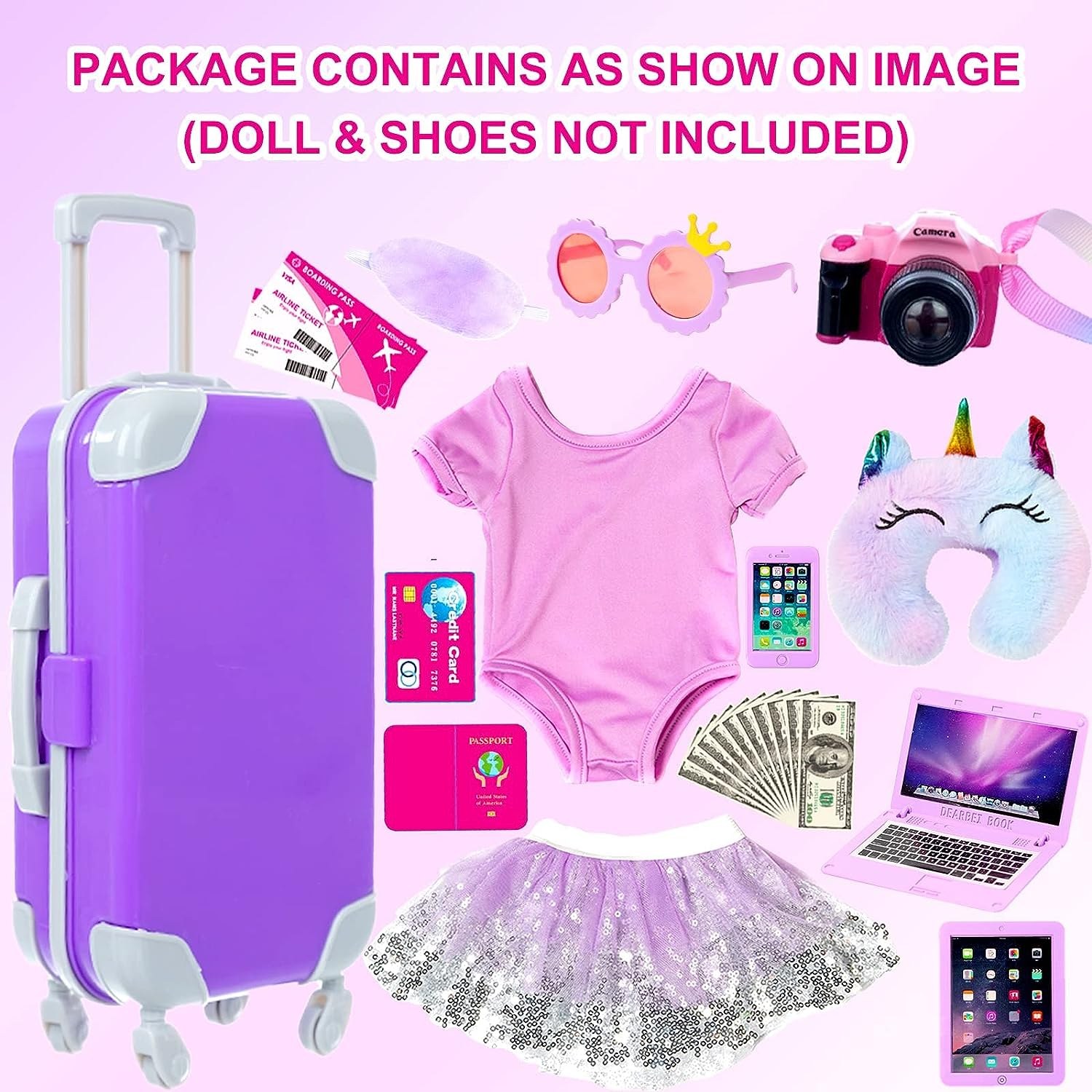 ZNTWEI American 18 Inch Girl Doll Travel Suitcase Play Set with 18 Inch Doll Clothes and Accessories Including Sunglasses Camera Computer Phone Ipad Travel Pillow Ect image number 2