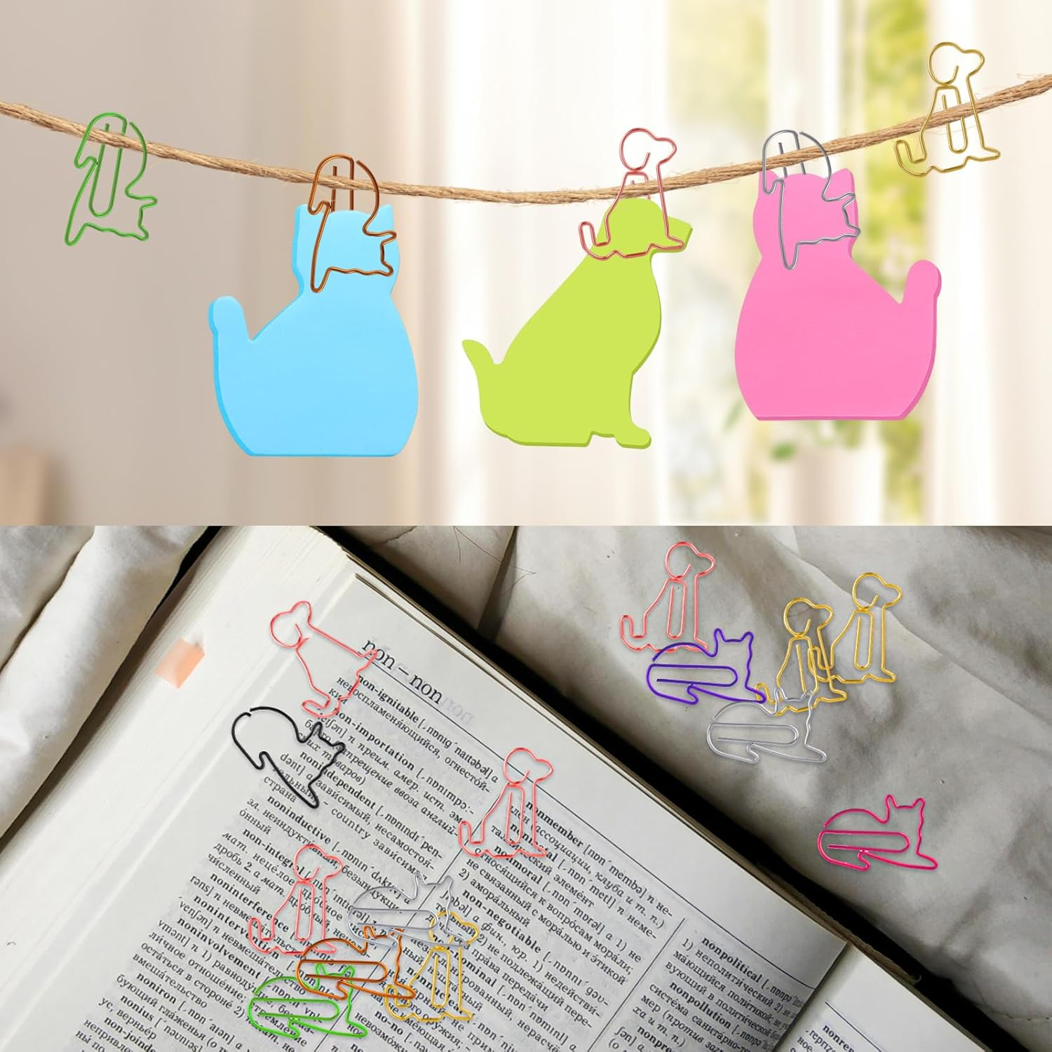 390Pcs Cat Sticky Notes Animal Sticky Notes with 14 Pcs Cat and Dog Paper Clips Cute Dog Sticky Notes Colorful Self-Stick Note Pads(7 Color) image number 3