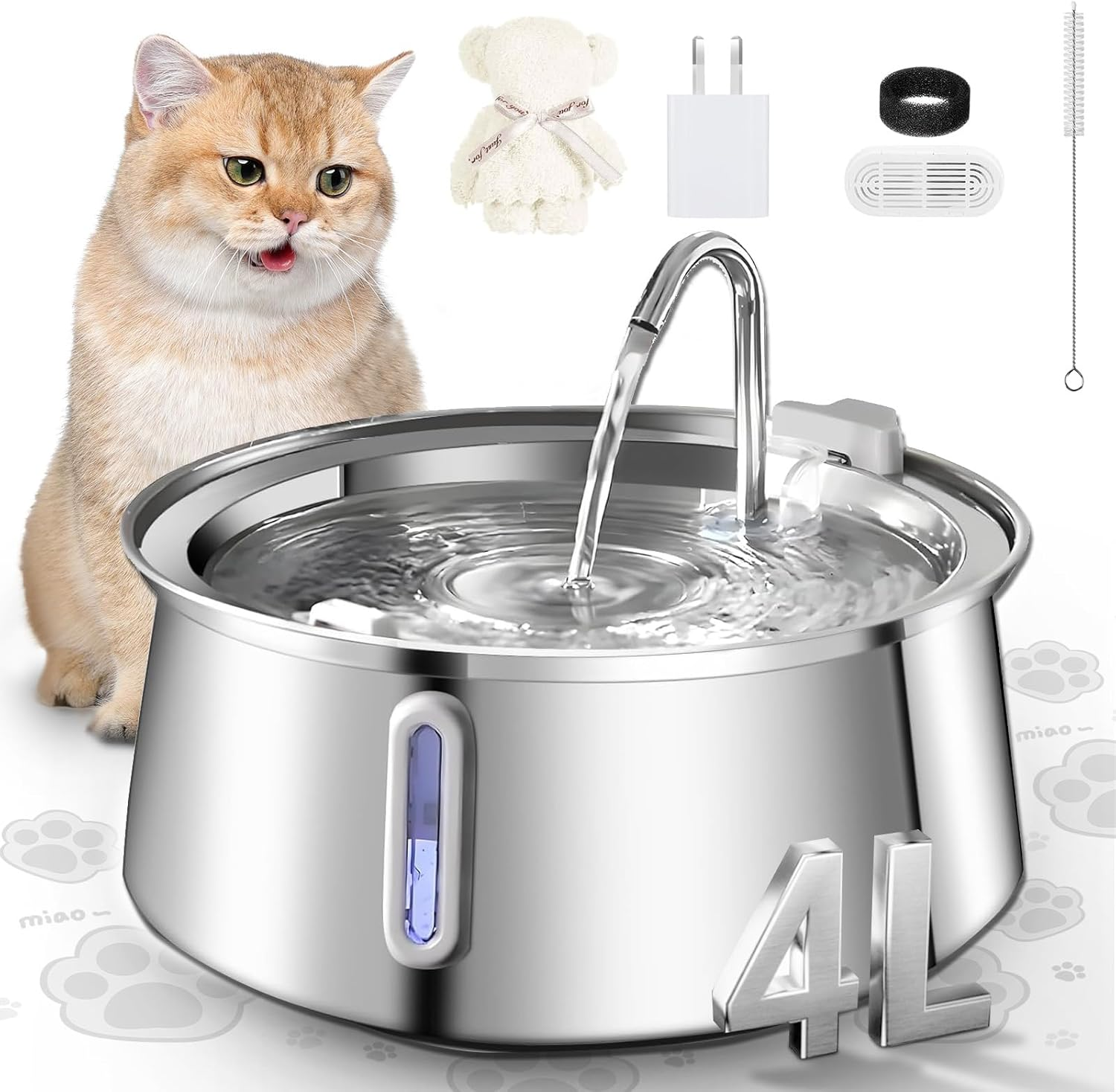 Cat Water Fountain Stainless Steel, 134Oz/4L Automatic Pet Fountain with LED Level Window, Ultra Quiet Dispenser with Filter and Sponge, Faucet for Cat, Dog