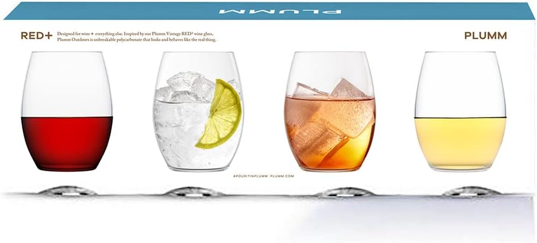 Plumm Outdoors Stemless Red+ Stemless RED+ Wine Glasses, Clear, PLUOTPG5510