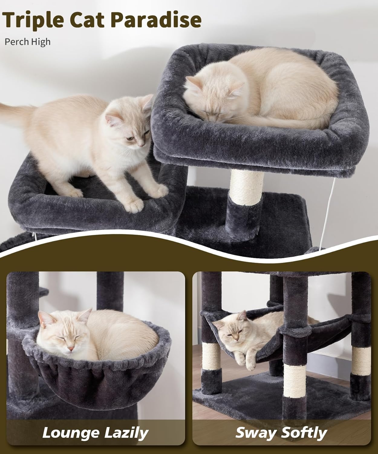 AMHANCIBLE Cat Tree, 180 Cm Tall for Indoor Adult Cats, Large Multi-Level Tower with Scratching Post, Hammock, Condos, Hanging Basket, Activity Center to Play and Sleep, Dark Grey, PT18DG image number 2