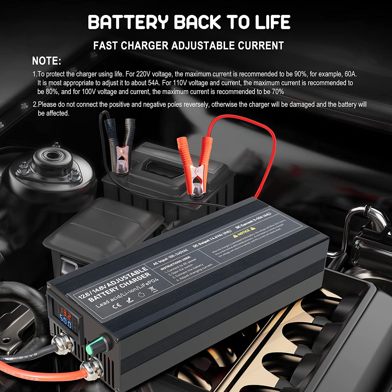 Battery Charger 14.6V 50A Lifepo4 Battery Charger Smart Maintainer Adjustable Current Portable Power Adapter for 14.6V Lifepo4 Lithium Iron Rechargeable Battery (50A) image number 1