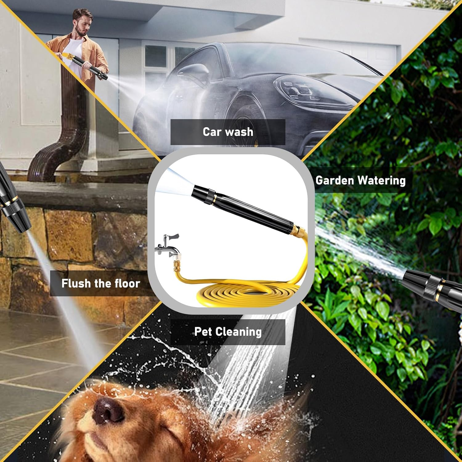 Garden Hose Nozzle with 3 Adjustable Patterns & 4 Connectors, Metal High Pressure Hose Nozzle Heavy Duty, Outdoor Water Hose Sprayer Nozzle Tools for Car Plant Dog Wash image number 1