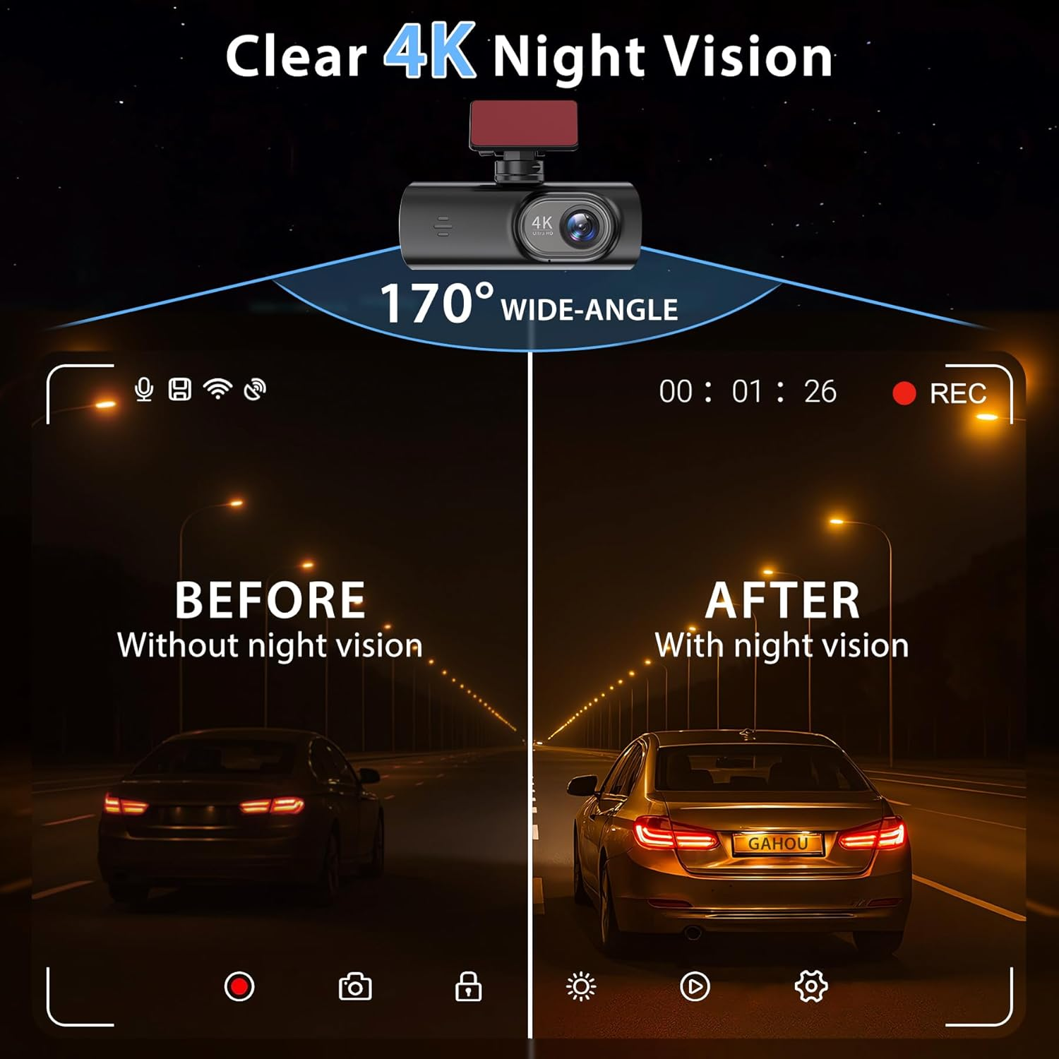 Dash Cam Front and Rear, 32GB Card Included, Front 4K and 2.5K Rear 1080P Dual Dash Camera, Built-In Wifi GPS, Loop Recording, Night Vision, 170&deg; Wide Angle, Parking Mode, Smart App Control image number 3