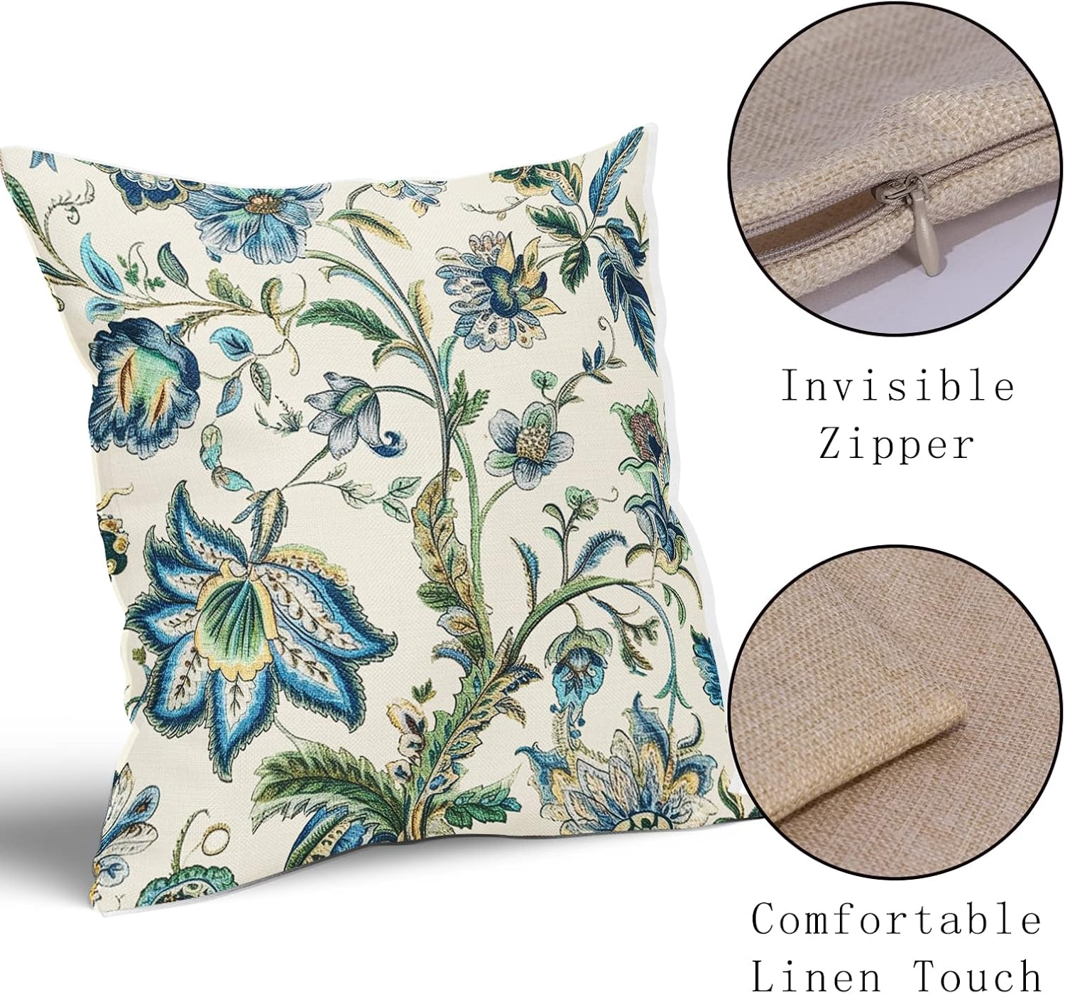 Sweetshow Chinoiserie Outdoor Pillow Covers 16X16 Inch Pack of 2 Boho Blue Floral Pillow Covers Vintage Farmhouse Outdoor Pillowcase Square Linen Cushion Cover for Bedroom Sofa Couch Home Decor image number 2