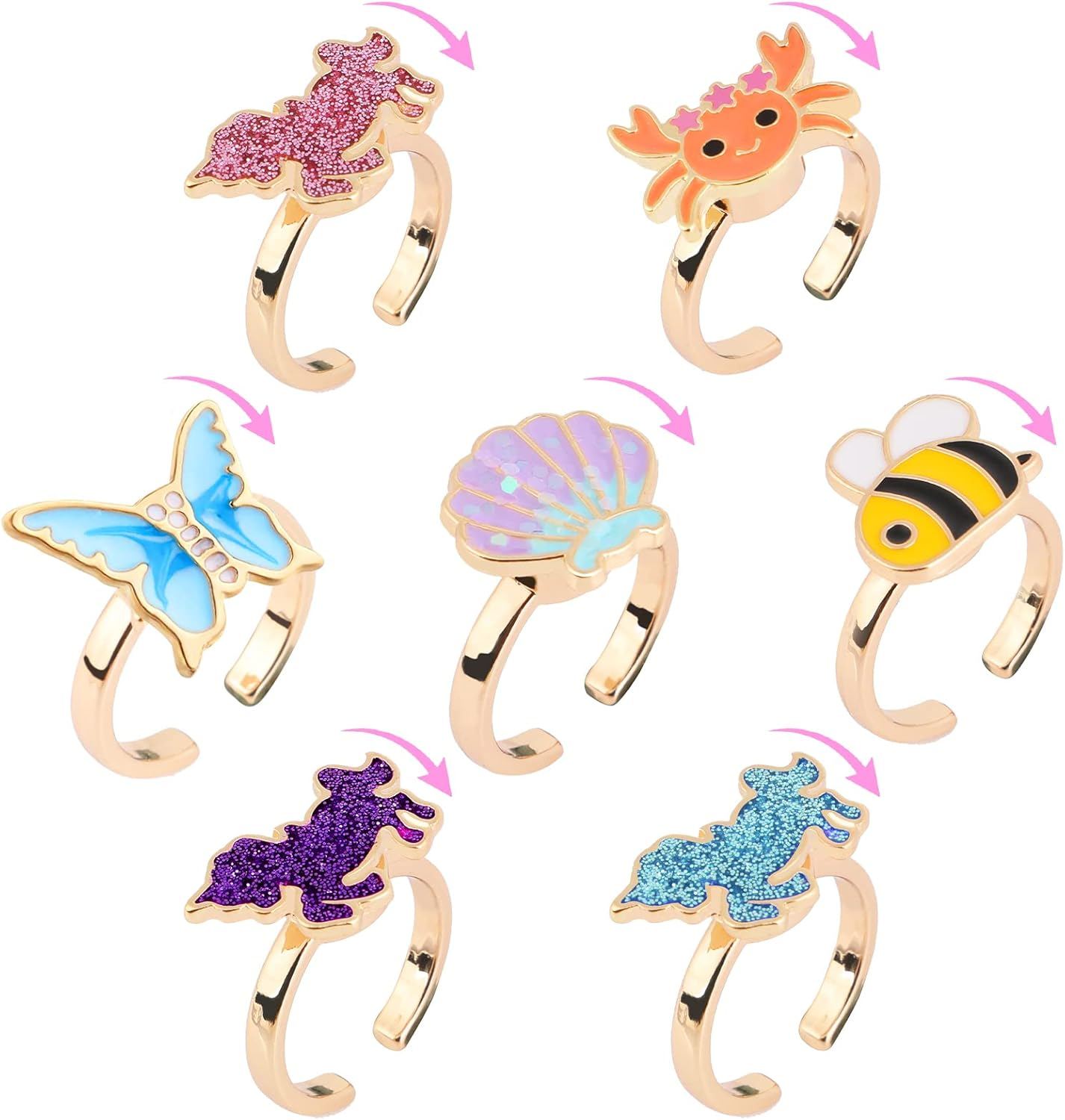 Mjartoria 7Pcs Fidget Rings for Anxiety, Shell Butterfly Unicorn Flower Stainless Steel Spinner Ring Set for Teen Girls Mood Rings Stress Relieving Wide Rings Set