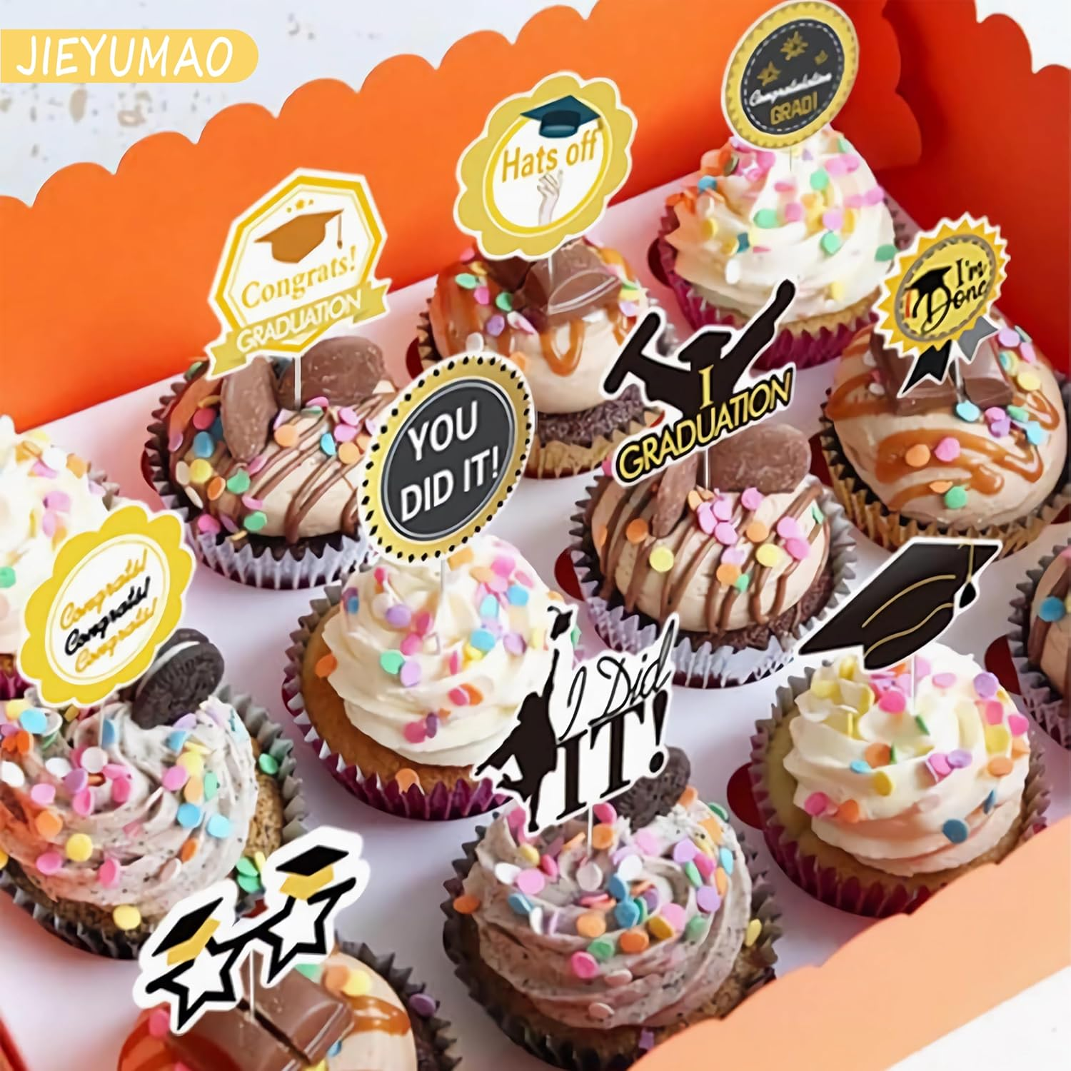 39Pcs Graduation Cake Topper, Black Gold Grad Cake Decor with Graduation Banner, Grad Cap Diploma Cupcake Picks Graduation Cupcake Toppers for Graduations Party Decorations image number 2