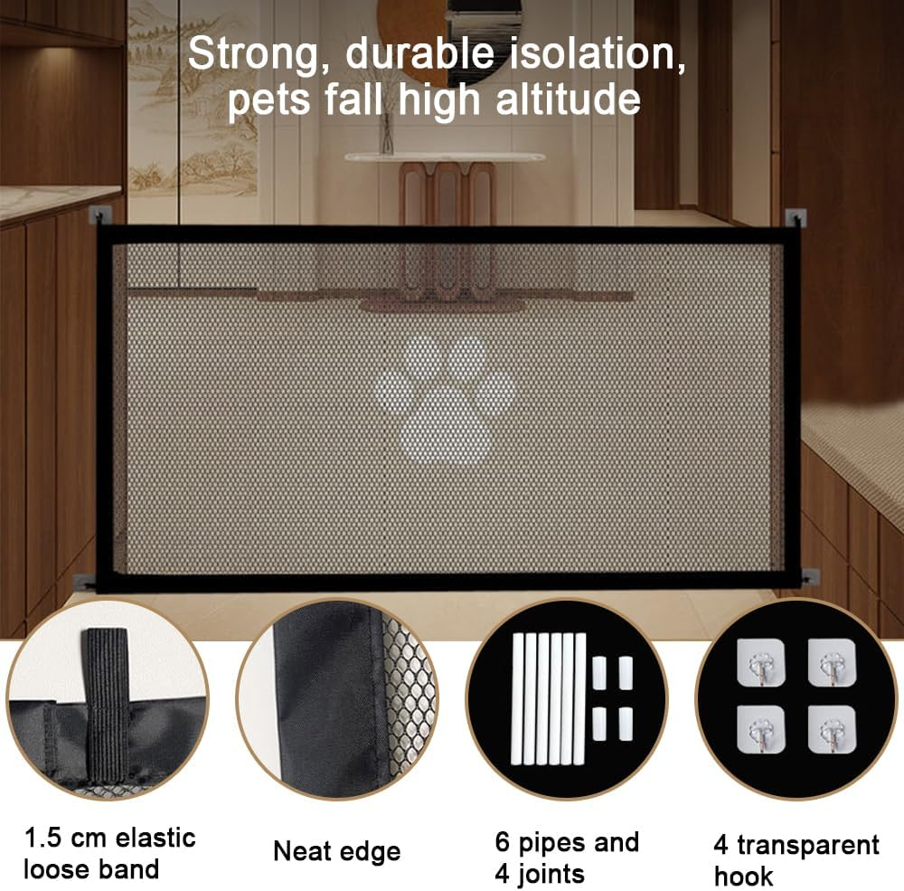 Magic Pet Gate, Mesh Fabric Gate for Pet Dogs, Dogs Screen Mesh Gate for Doorways Stairs Hallways, Portable Mesh Gate Safeguard Isolated, 180X78Cm 4 Hooks image number 4