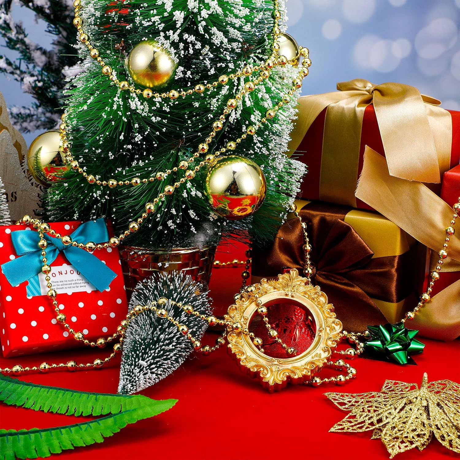 WILLBOND 32.8 Feet Christmas Tree Beads Beaded Garland Strand Plastic Pearls Beads Garland Crystal Bead Roll for Christmas and Holiday Decorations (Gold) - Gold image number 1