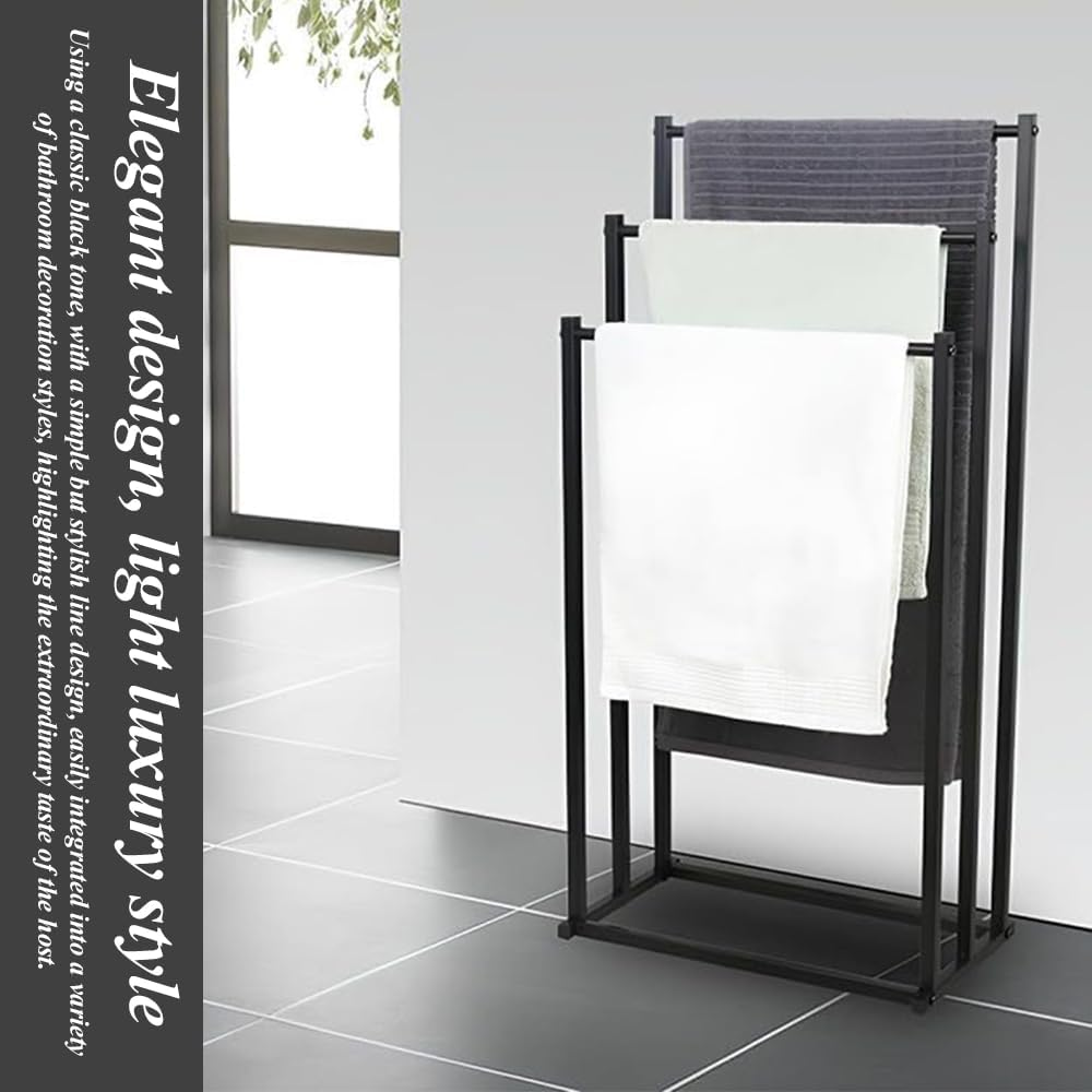 3 Tiers Floor Bath Towel Holder, Metal Free Standing Storage Racks, Portable Towel Organizers, Standing Towel Racks, Organizer Shelf for Bathroom, Bedroom, Laundry Room (Black) ﻿ image number 6