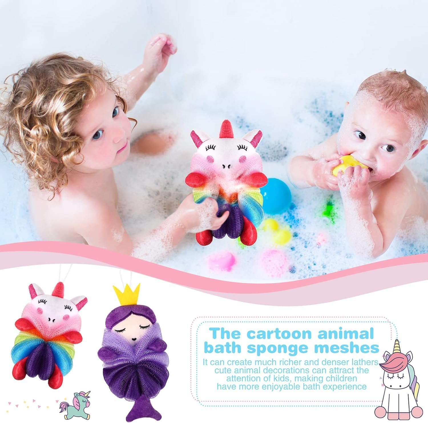 2 Pcs Bath Loofahs for Kids and Toddlers, Cute Cartoon Mesh Body Sponges, Gentle Shower Scrubber for Children, Exfoliating Pouf (Unicorn, Princess) image number 2