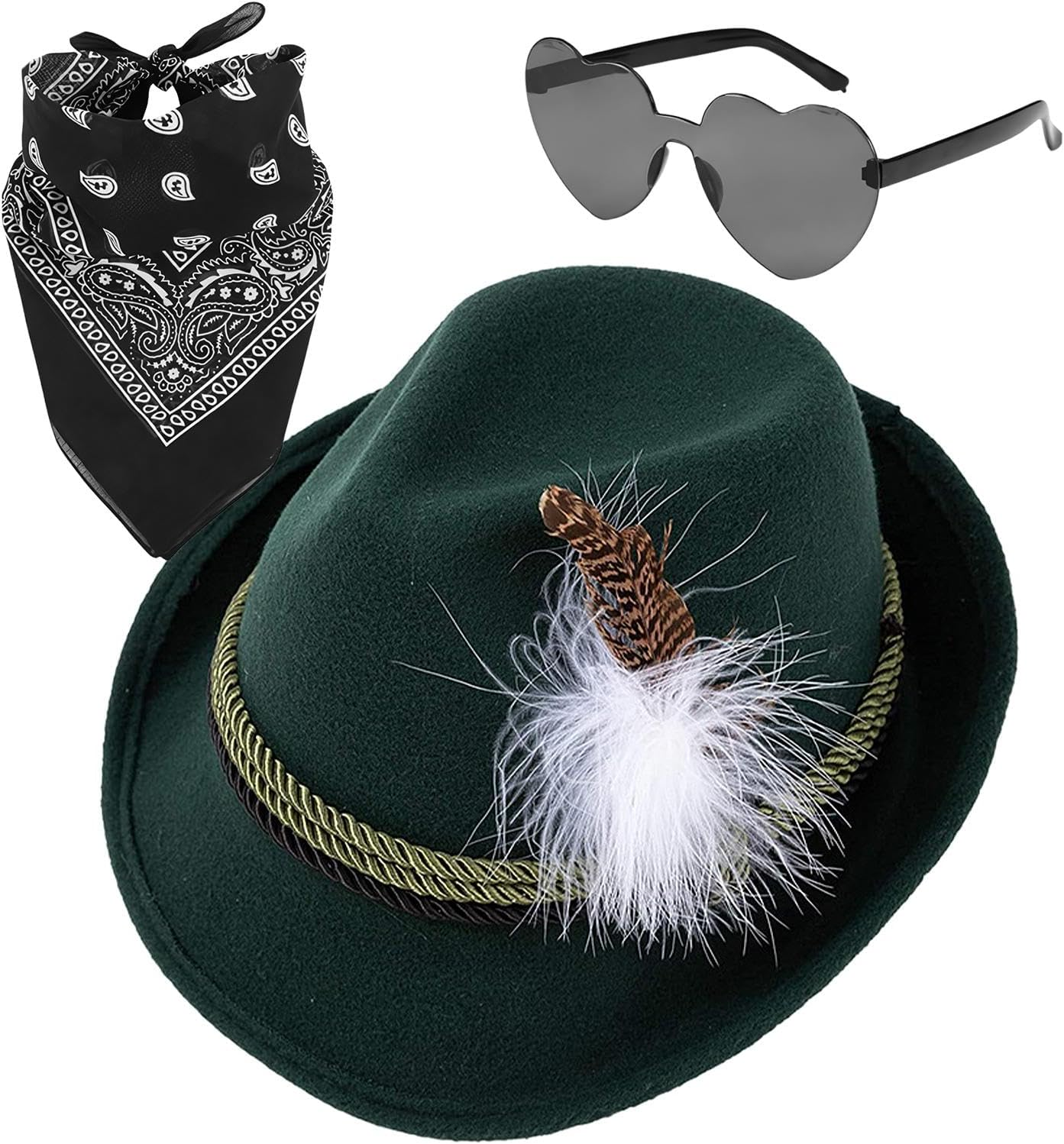 German Alpine Hats - 1Set Faux Leather Fedora Oktoberfest Hat with Headscarf, Eyeglasses,Oktoberfest Costume Accessories Adult German Alpine Bavarian Hat for Adults