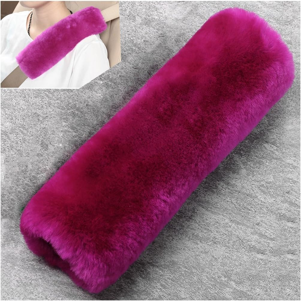 Dotesy Auto Genuine Sheepskin Seat Belt Cover,Universal Fuzzy Pure Wool Car Seatbelt Cover Shoulder Pads for Adults Kids Children,Safety Belt Strap Chest Protector Neck Cushion,Purple Pink image number 3