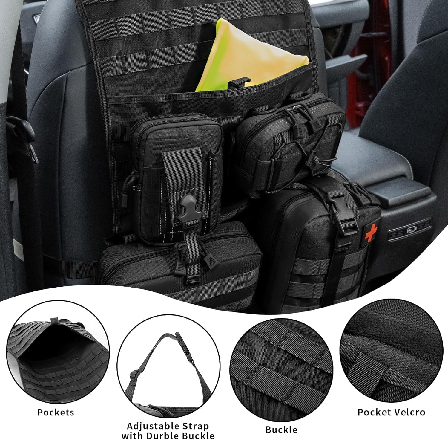 Universal Tactical Vehicle Seat Back Organizer Panel with 5 Detachable MOLLE Pouches - Medical, Phone, Storage Pouch, Suitable for Vehicles Such as Jeep, Truck, SUV, Ford, Chevrolet, Etc image number 5
