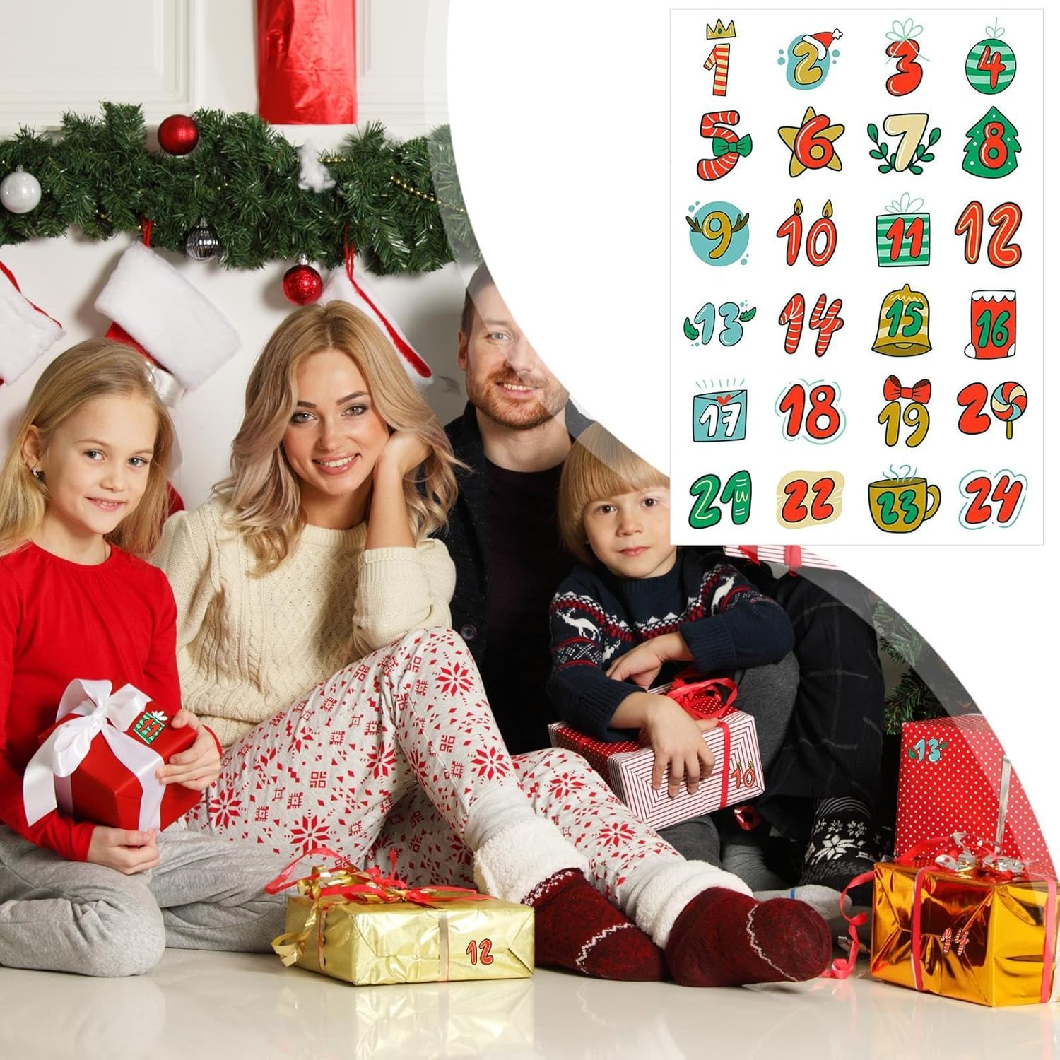 Christmas Advent Stickers | 1-24 Christmas Number Stickers | Festival Card Envelope Sealing Labels for Carnival Supplies image number 1