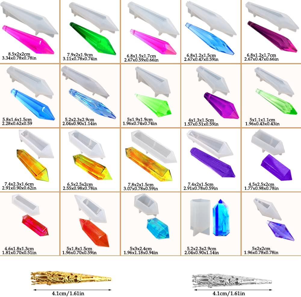 AFUNTA 20 Pcs Pendulum Resin Molds, Crystal Pendant Silicone Molds Multi-Facet Gemstone Resin Molds Silicone for Jewelry Necklace Making DIY Craft with 30 Pcs Bead Caps image number 1
