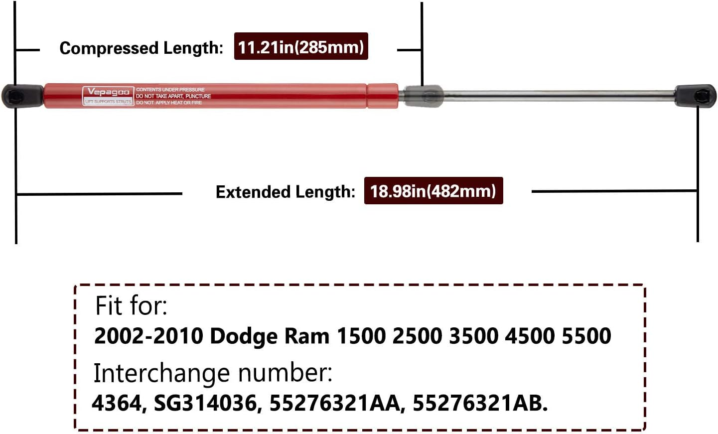 Vepagoo 4364 Red Front Hood Gas Struts Shocks Lift Supports Compatible for 2002-2010 Dodge Ram 1500/2500/3500/4500/5500 Spring image number 4