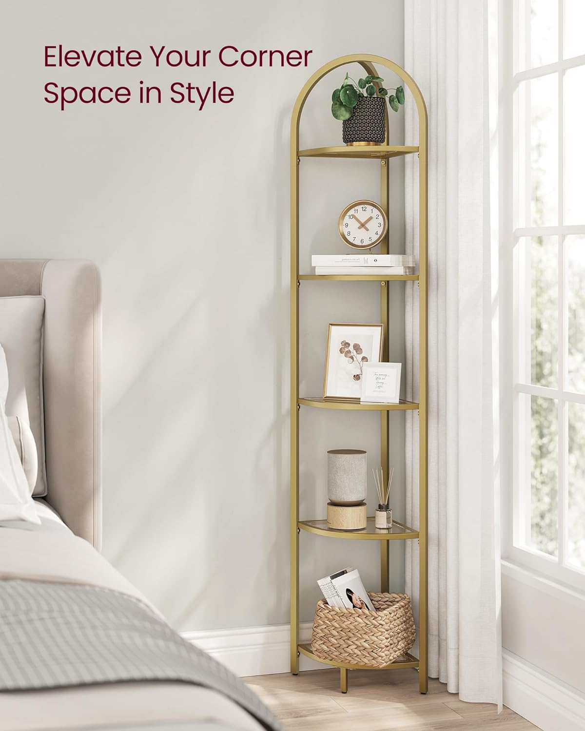 VASAGLE 5 Tier Corner Ladder Bookshelf Tempered Glass Modern Style Golden Color - Classic Black image number 6