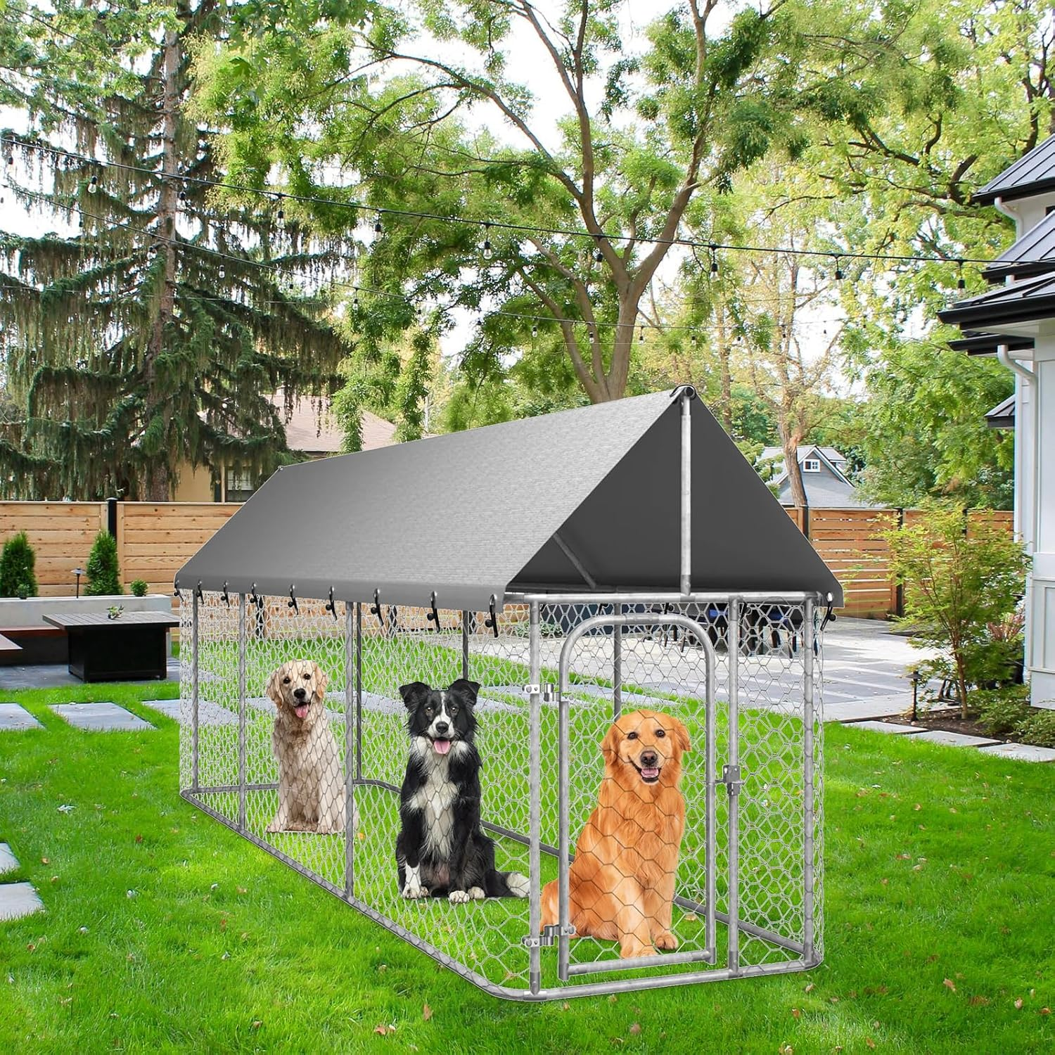 Outdoor Dog Kennel - Durable Galvanised Steel Construction with Safety Lock and UV Protected Canopy - Large Space for Exercise and Play (400 X 100 X 150 Cm) image number 1