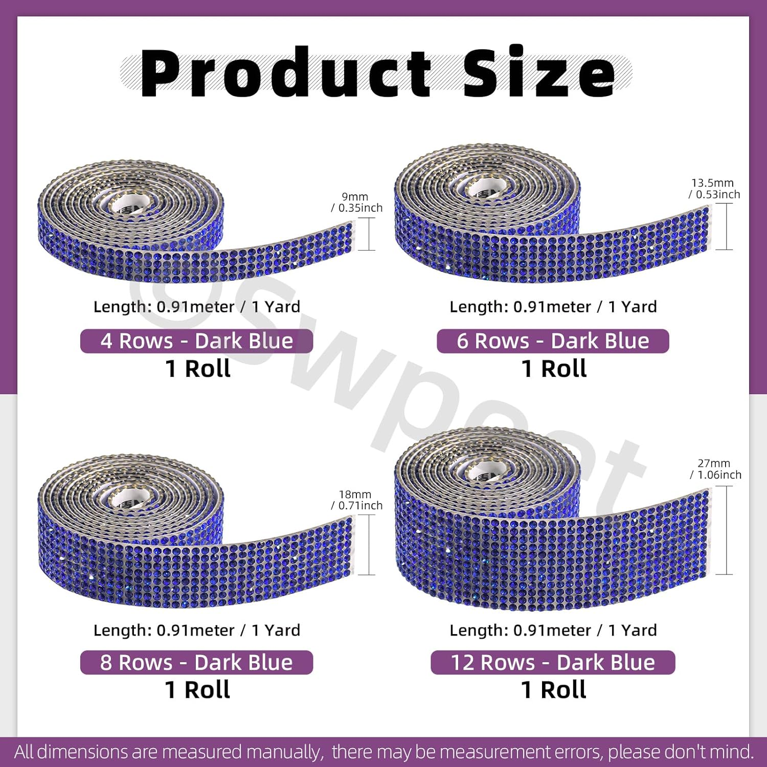 Swpeet 4 Rolls 4 Sizes Royal Blue Self Adhesive Rhinestone Ribbons Strips, Bling Crystal Rhinestone Diamond Ribbons Stickers, Rhinestone Tape Wrap, Diamond Rhinestone Roll for Crafts Phone Decoration - Ab image number 3