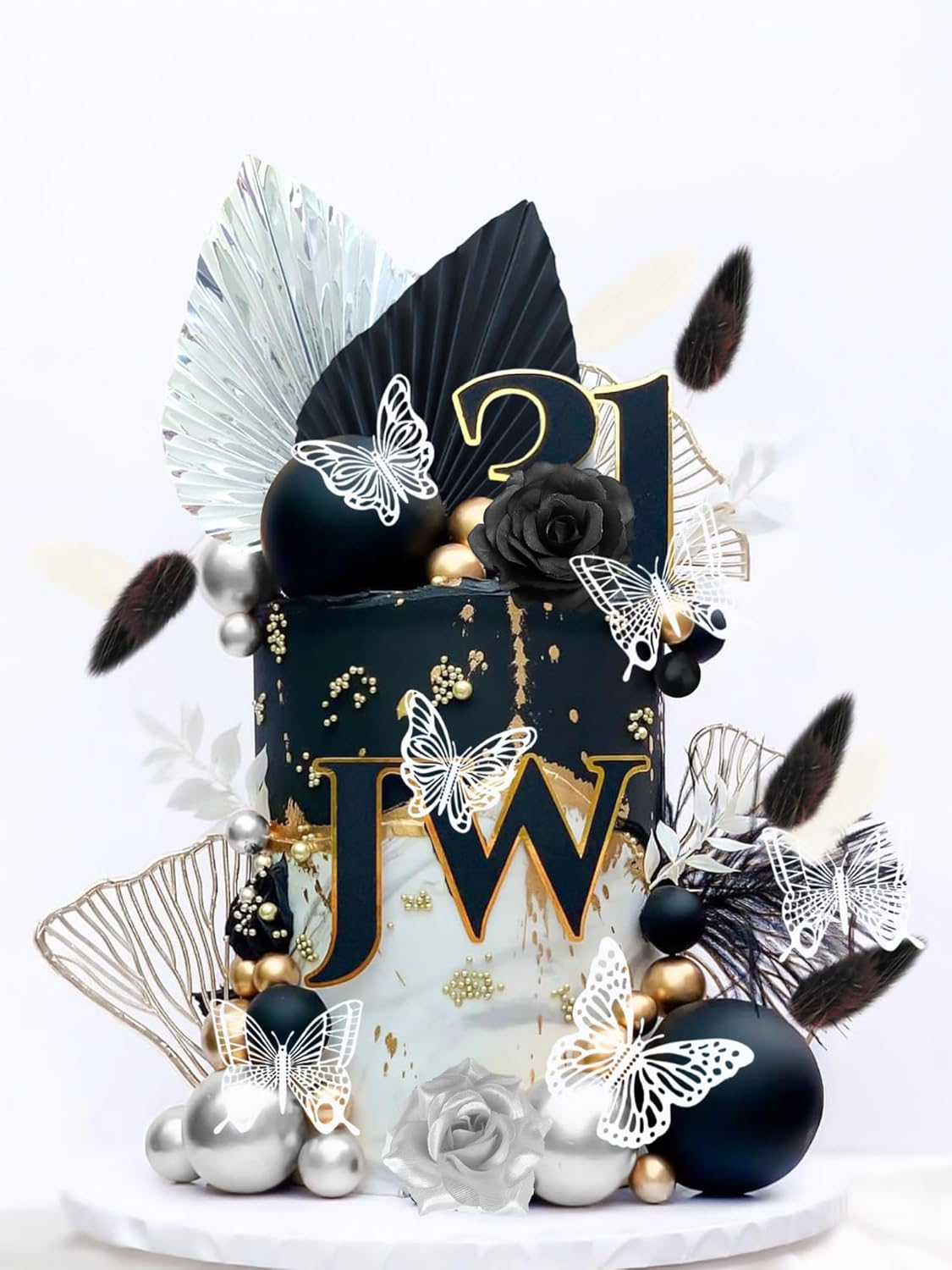Jevenis Gothic Cake Decoration Black Rose Cake Topper Goth Butterfly Palm Leaves Punk Cake Decoration for Wedding Bridal Shower image number 4