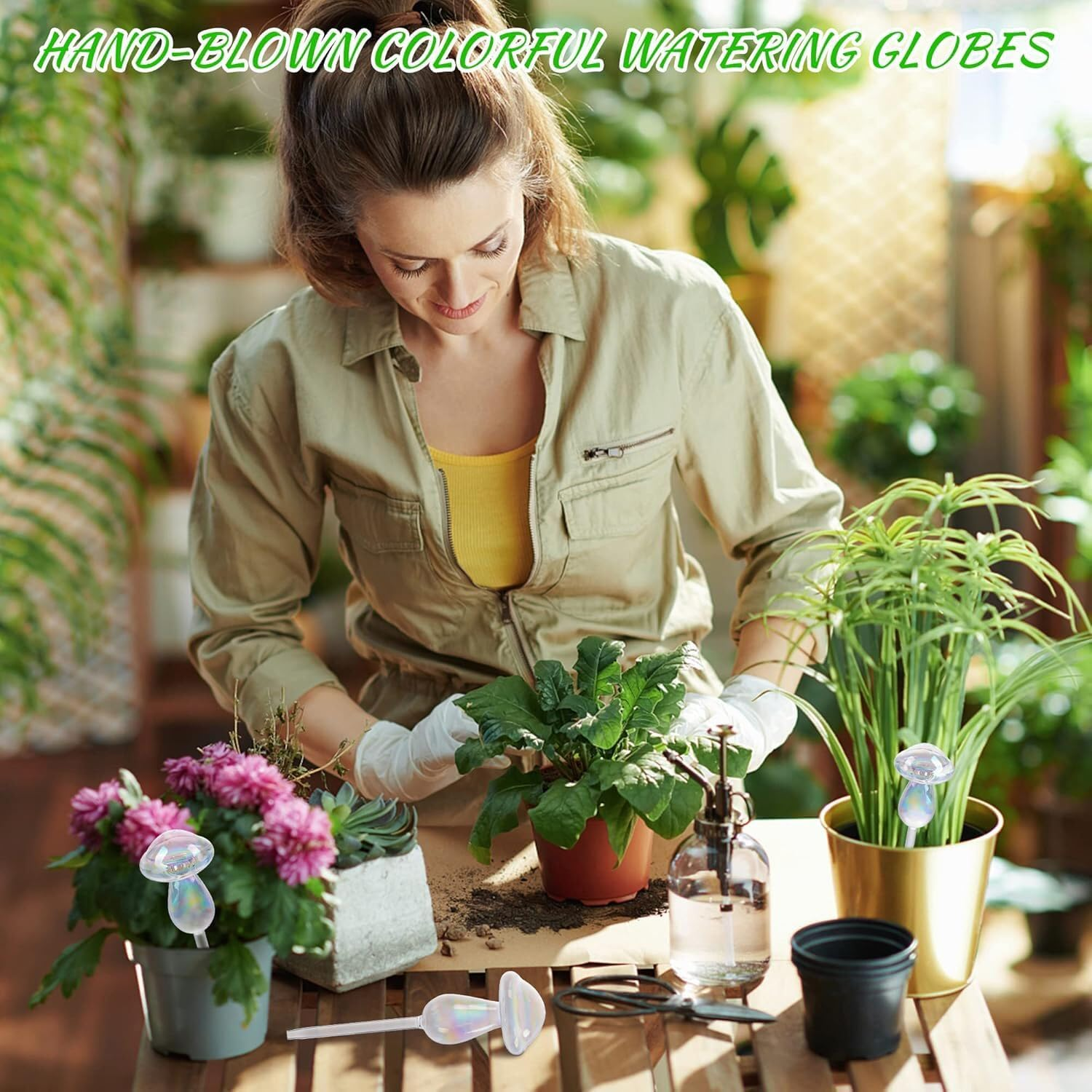 Plant Watering Globes - 4 Pack Iridescent Rainbow Gradient Color Clear Mushroom Self Watering Spikes-Plant Watering Bulbs Devices for Indoor and Outdoor Plants - Measures 9" L X 2.7" D image number 5