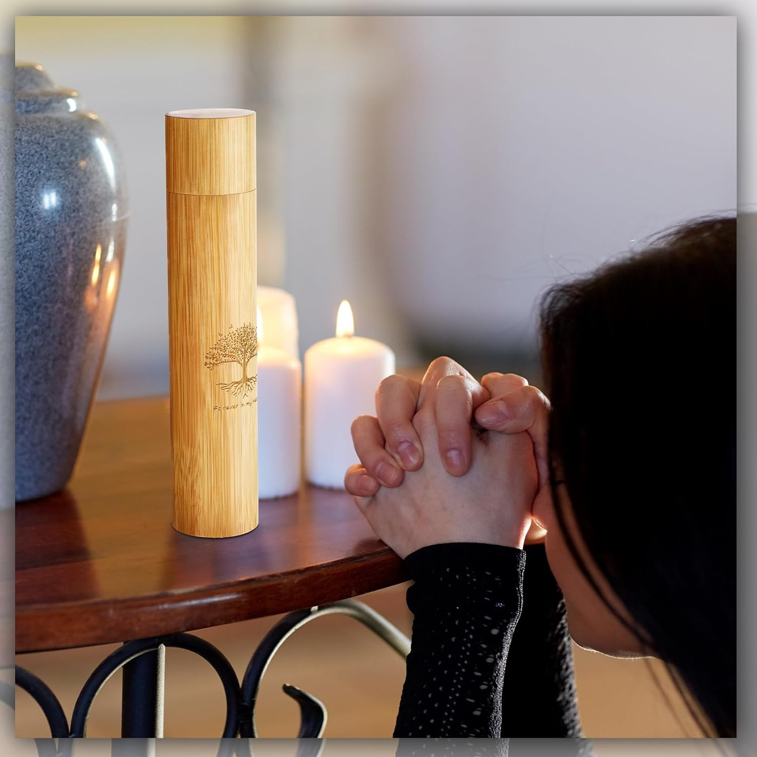 Thyle 2 Set Bamboo Scattering Urns for Ashes 9'' X 2'' Biodegradable Scattering Cremation Tubes for Human Adult Tree Small Tube Keepsake Urn and Black Velvet Bag for Spreading Human Pet Dog Cat Ashes image number 1